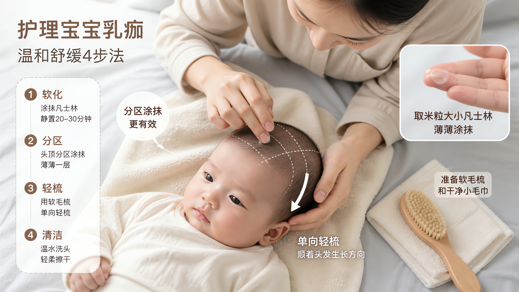 宝宝乳痂别抠别剃头：凡士林软化+单向梳更安全