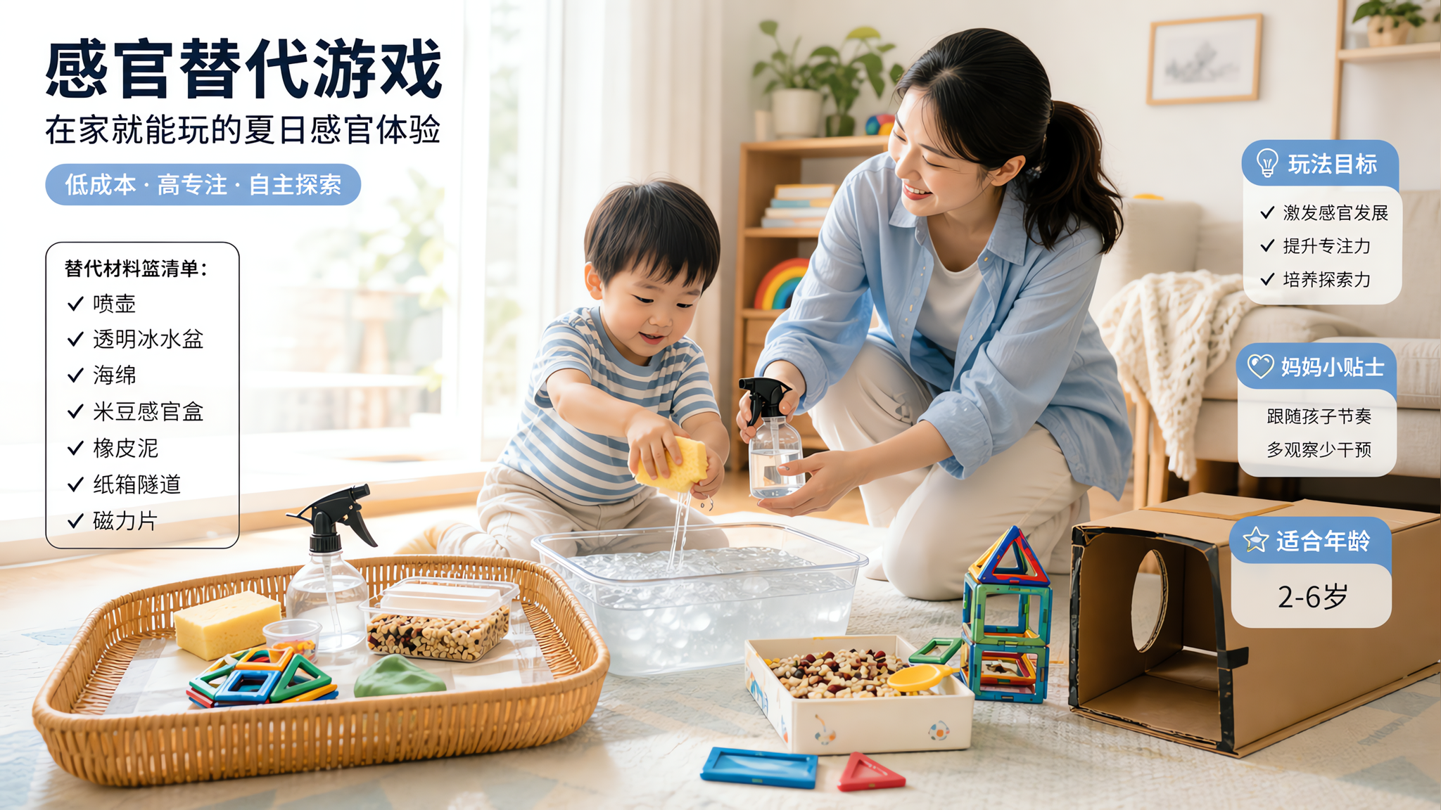 中国家庭客厅或阳台一角，夏日午后场景，中国年轻妈妈和一名中国幼儿在地垫上进行感官替代游戏，核心主体是