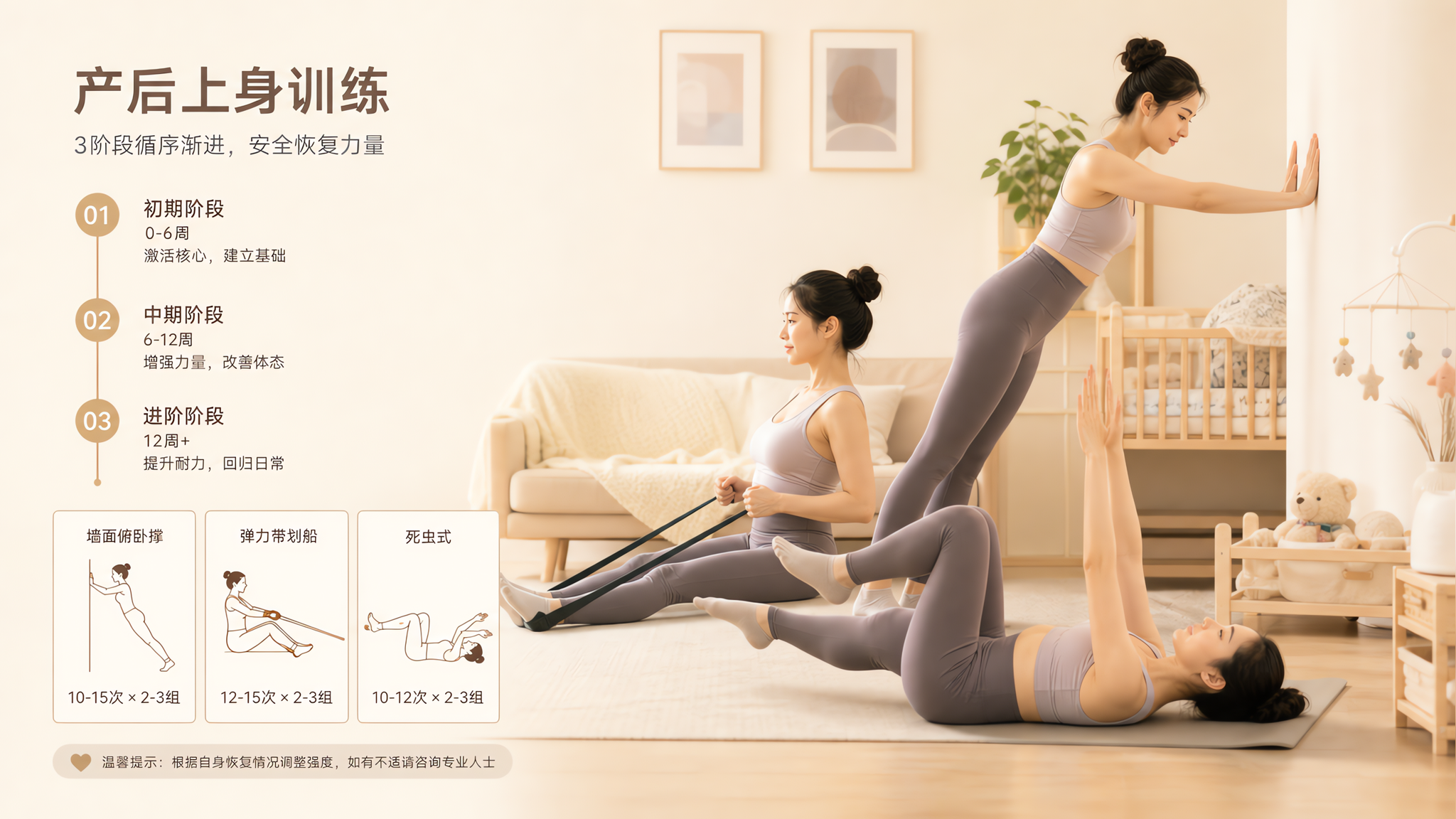 中国年轻妈妈在温馨明亮的家庭客厅里进行产后上身训练展示，人物为中国女性，穿着舒适运动服，动作包含墙面
