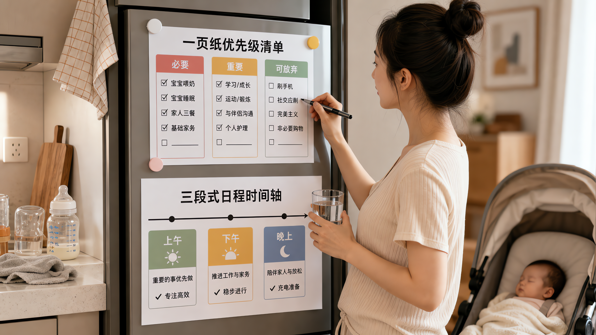 闷热天独自带娃别硬扛：三段式作息+一页纸优先级