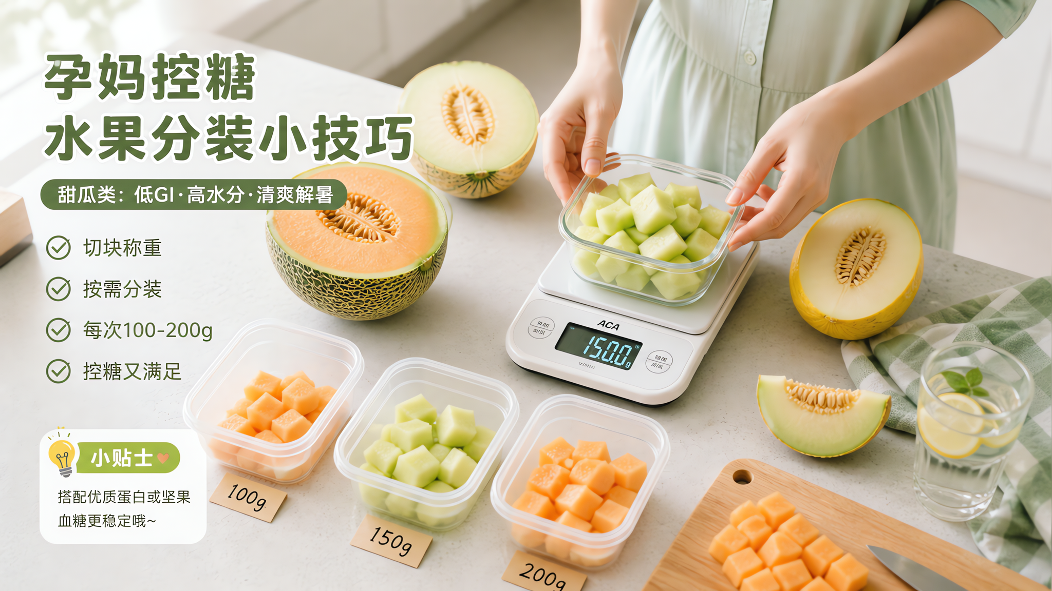 中国孕妈在家中明亮干净的厨房台面前，穿着简洁家居服，手拿电子厨房秤正在称量切好的哈密瓜、香瓜、网纹瓜