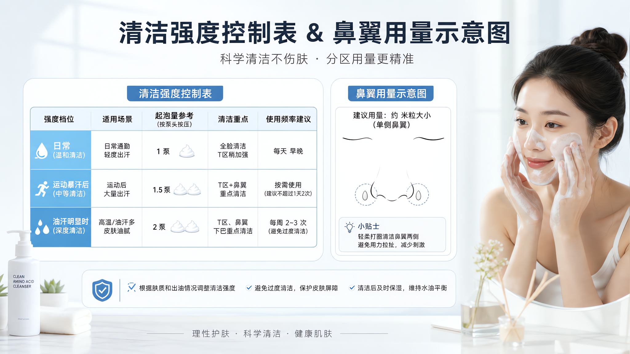 理工风信息图风格的护肤科普配图，画面为干净简洁的桌面场景，上方是一张“清洁强度控制表”与“鼻翼用量示