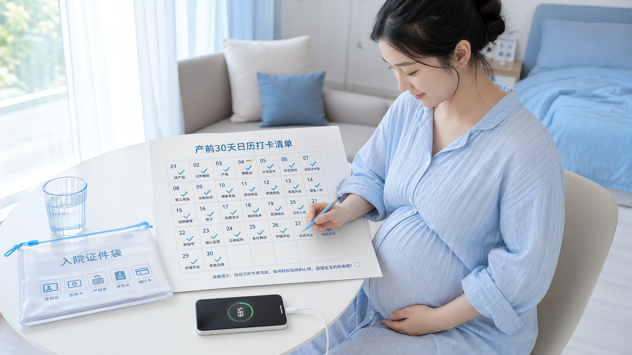 中国孕晚期年轻准妈妈坐在卧室床边或客厅沙发上，穿宽松家居服，手持笔在一张“产前30天日历打卡清单”上