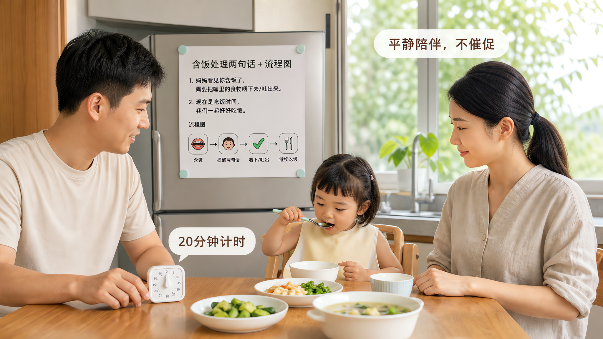 中国年轻父母与中国幼儿在家中餐桌用餐场景,桌面干净整洁只有餐具和食物,无玩具无屏幕;爸爸手放在计时器