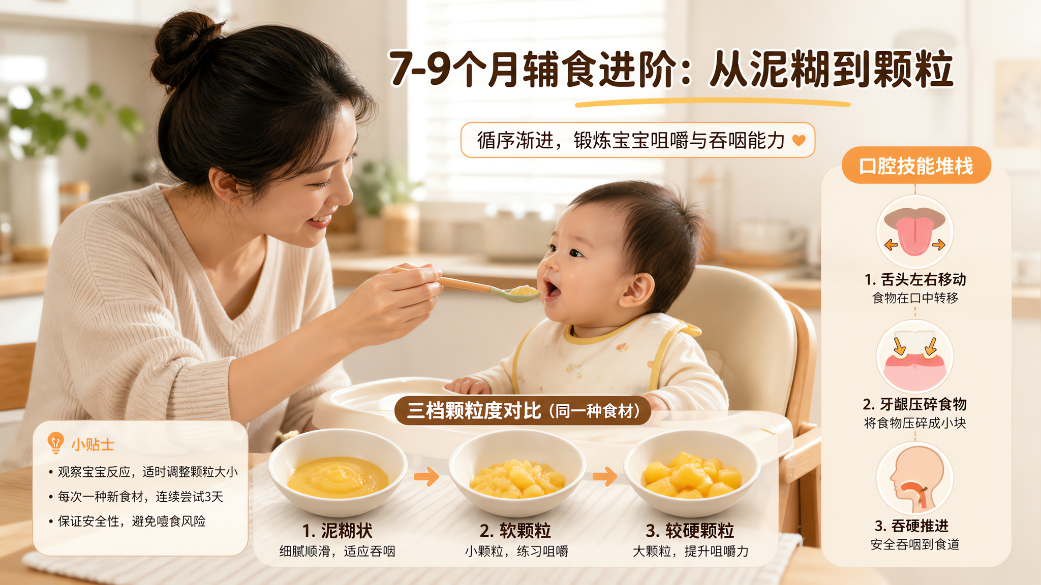 7-9个月辅食从泥到颗粒：按这3档升级就顺了