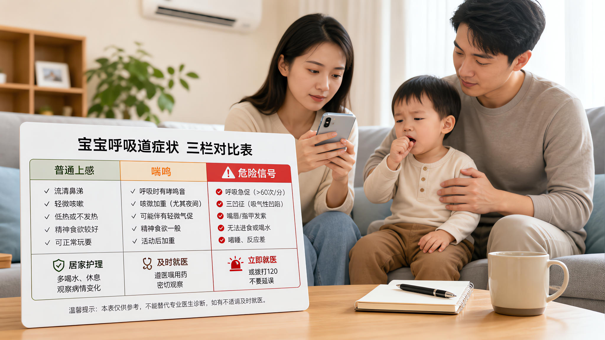 中国年轻父母在家中明亮客厅里,一位妈妈拿着手机备忘录记录孩子症状,爸爸在旁边轻扶中国1-3岁幼儿,幼