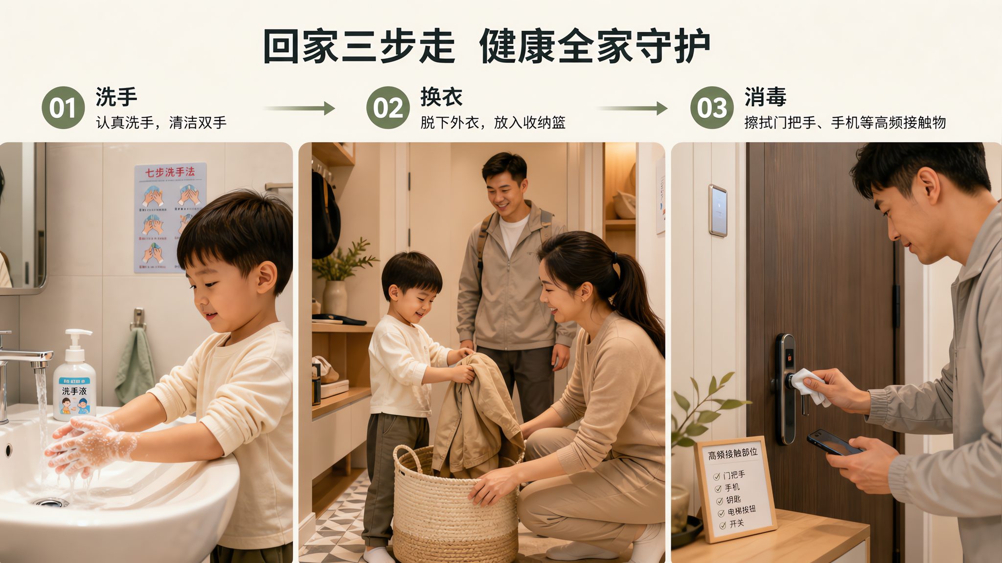 中国城市家庭玄关场景,中国年轻爸爸妈妈带着一个中国幼儿从室内游乐场回家,画面呈现“三步走”动作:孩子
