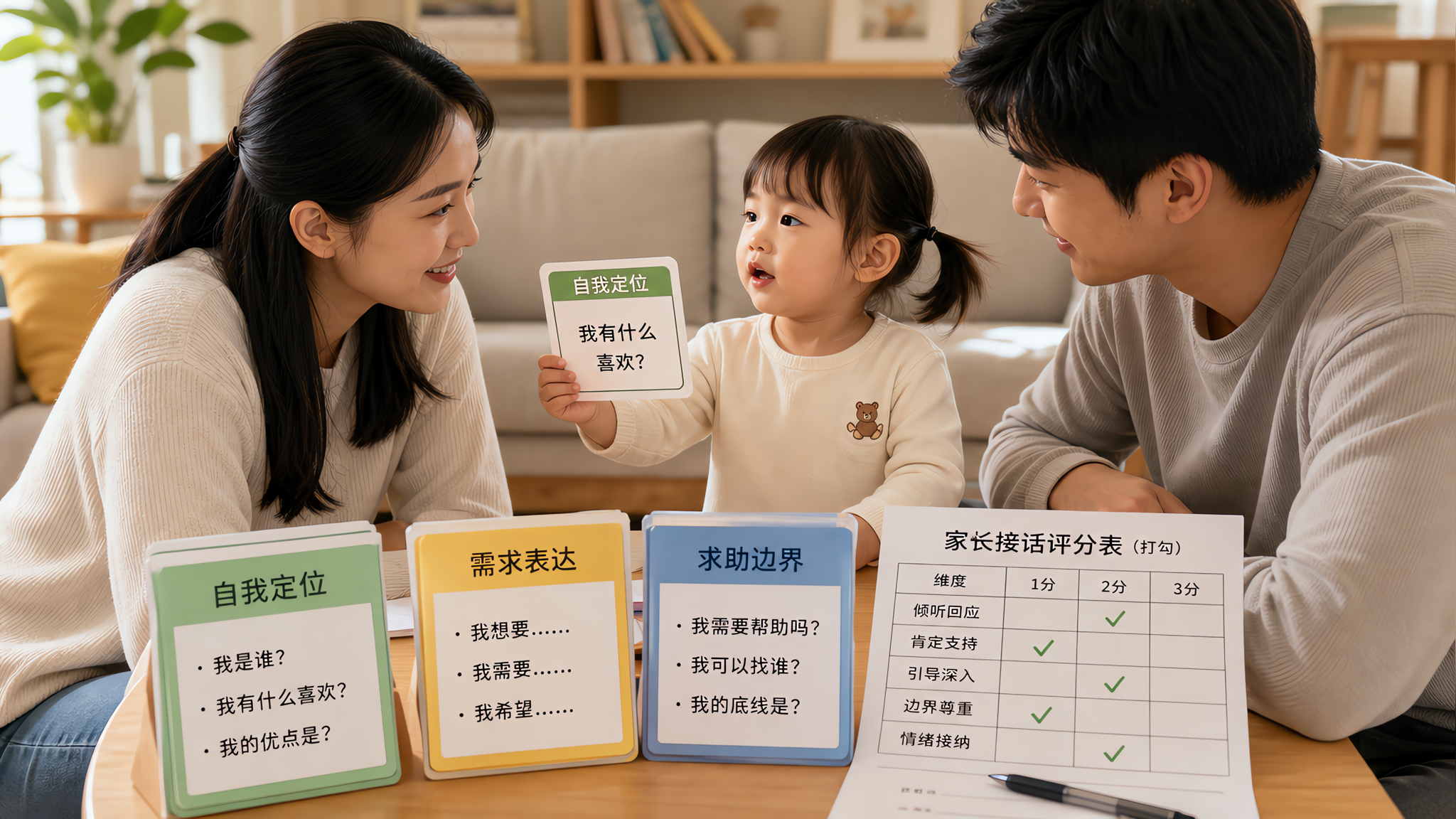 中国年轻父母在家中客厅与中国2-3岁幼儿进行“老师-小朋友”角色扮演练习,桌面摆放三组“口试题库卡片
