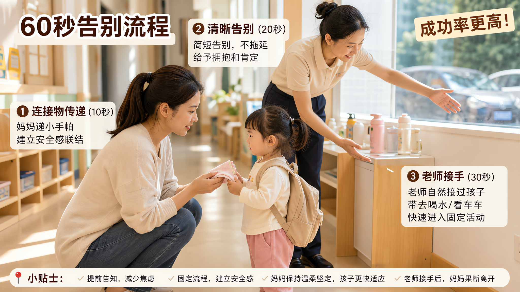 中国年轻妈妈在幼儿园/托育机构门口的明亮走廊里蹲下,与一位中国2-4岁幼儿进行清晰告别,妈妈目光温柔