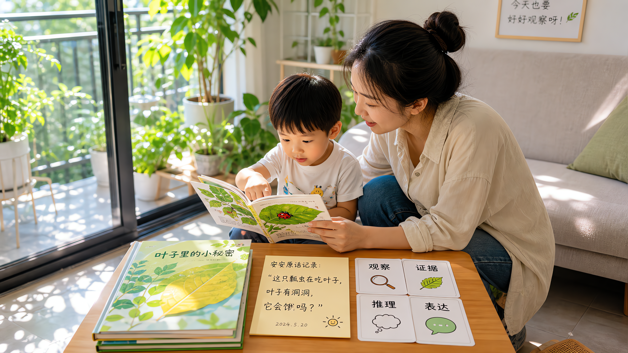 中国年轻妈妈与一名3-6岁中国幼儿在家中阳台与客厅交界处进行亲子共读,妈妈蹲下与孩子一起观察窗边的光