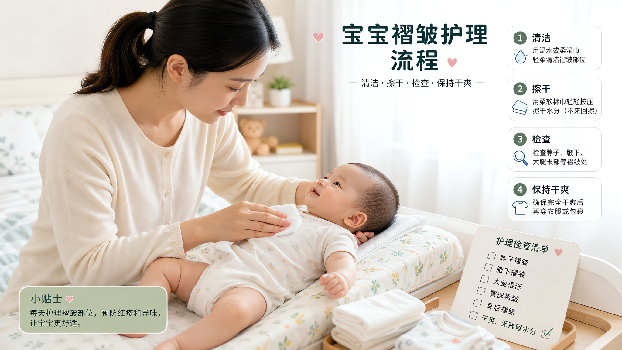 中国年轻妈妈在家中卧室的换尿布台旁，为4-6个月中国婴儿做褶皱护理示范，宝宝穿轻薄连体衣，妈妈用柔软