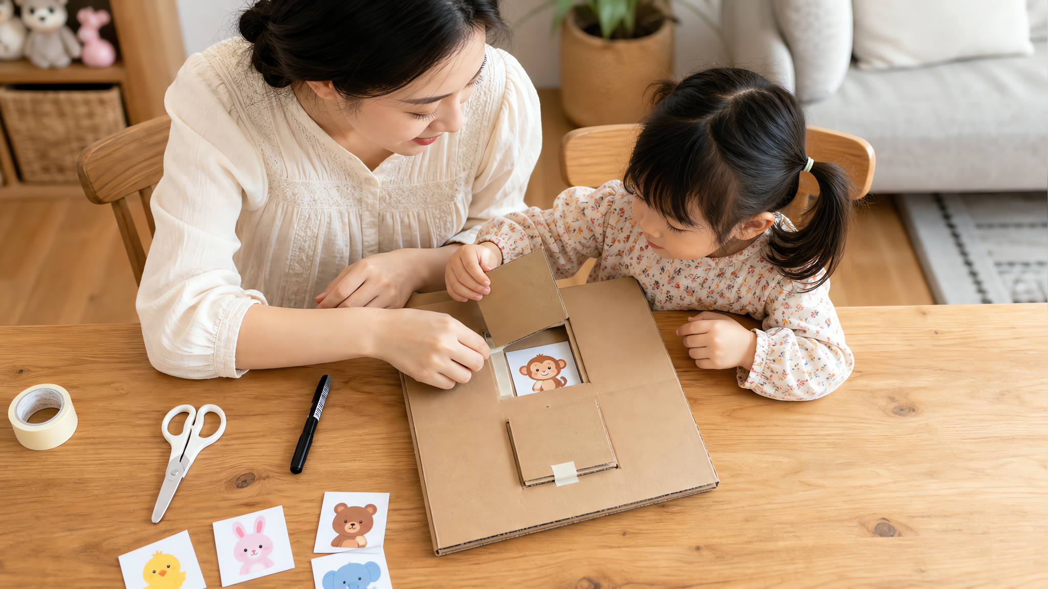 中国年轻妈妈与中国学龄前儿童在家中餐桌旁进行亲子手工游戏,桌面上有旧快递盒盖硬纸板、纸胶带、剪刀、记