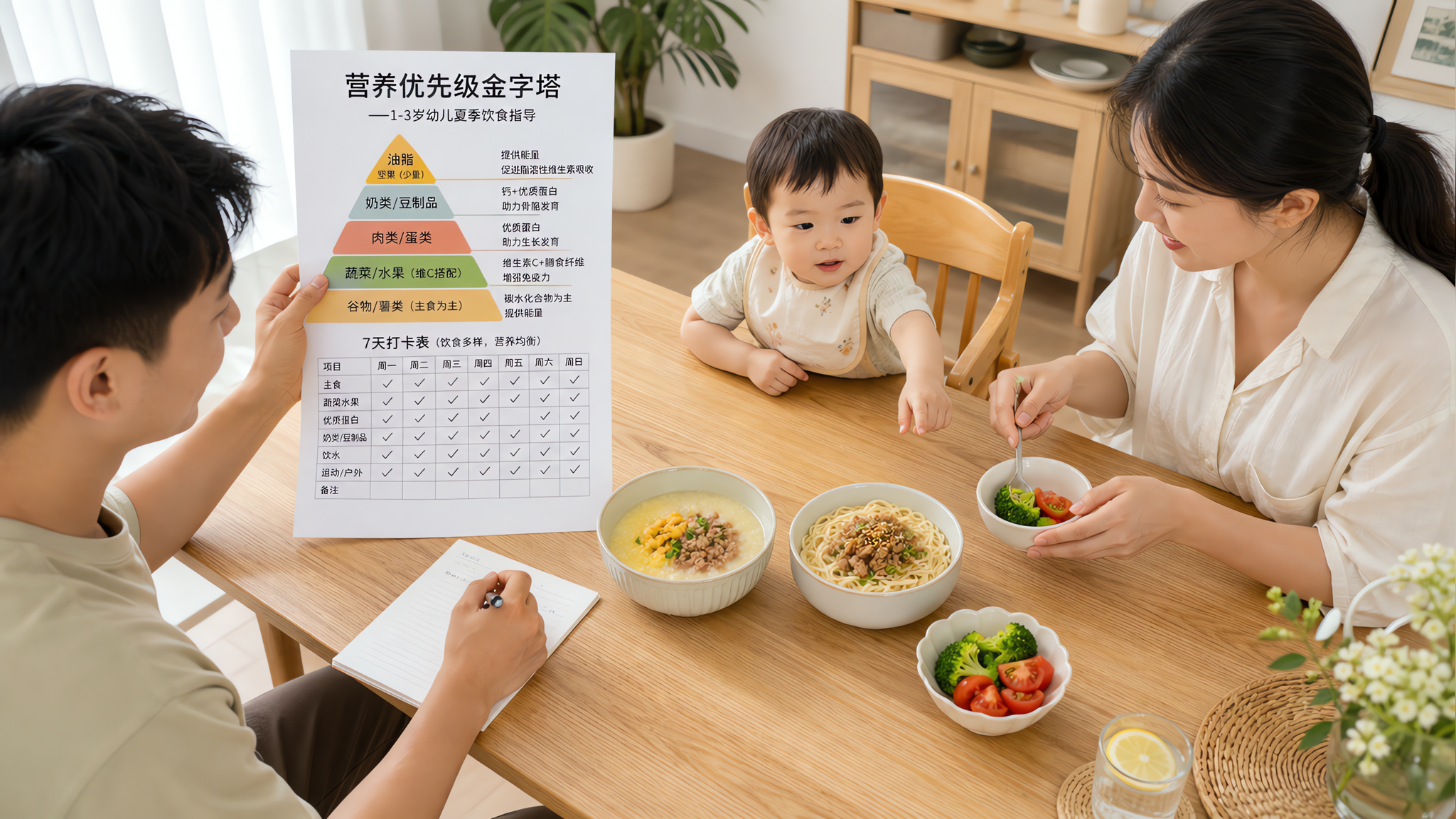 中国年轻父母在家中餐桌旁为中国1-3岁幼儿准备夏季清淡但高营养密度的一餐,桌面有小碗粥(加蛋黄和肉末