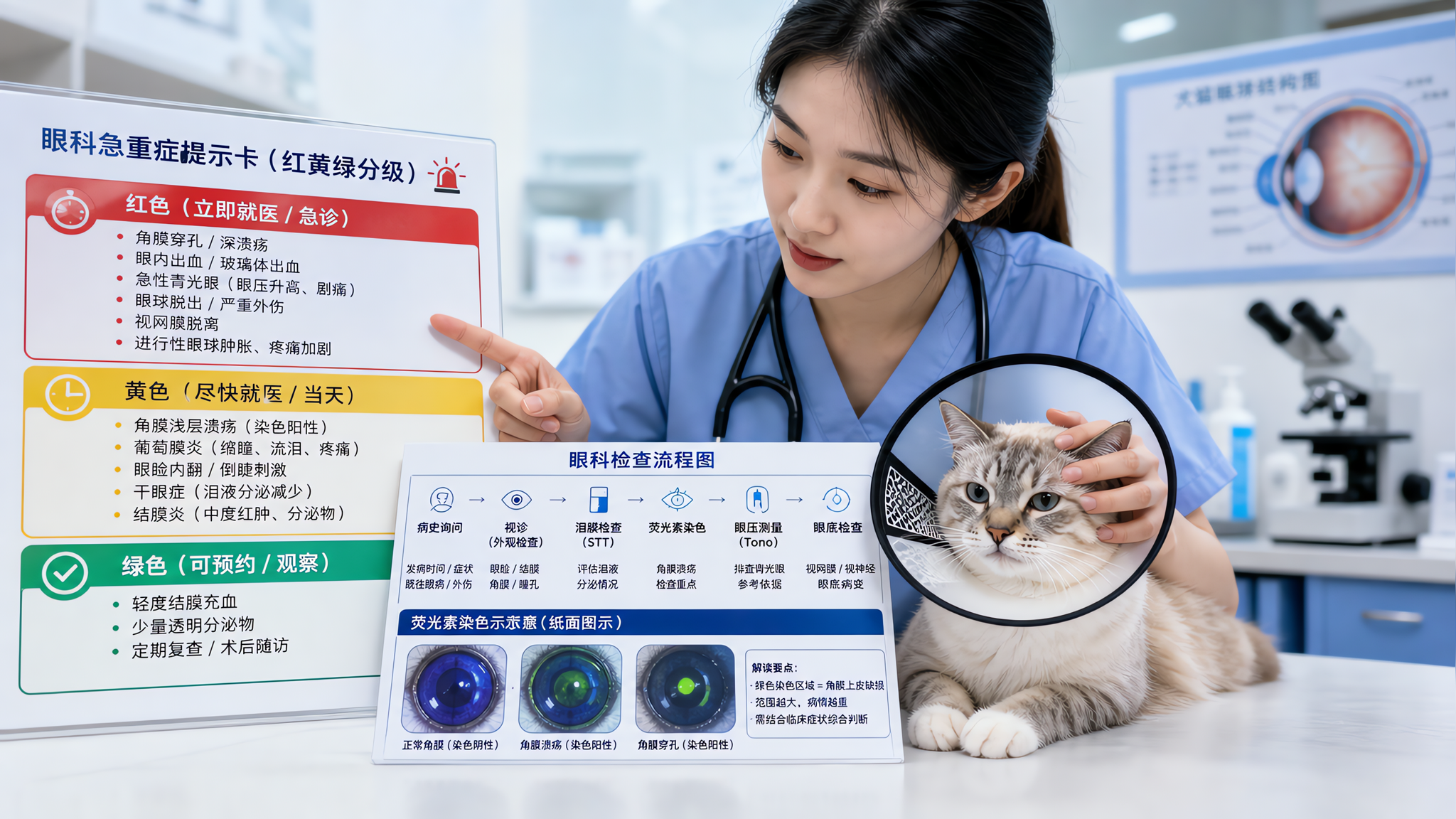 中国年轻宠物医生在明亮整洁的宠物医院诊室里，桌上放着一张“红黄绿分级”眼科急重症提示卡和检查流程图，