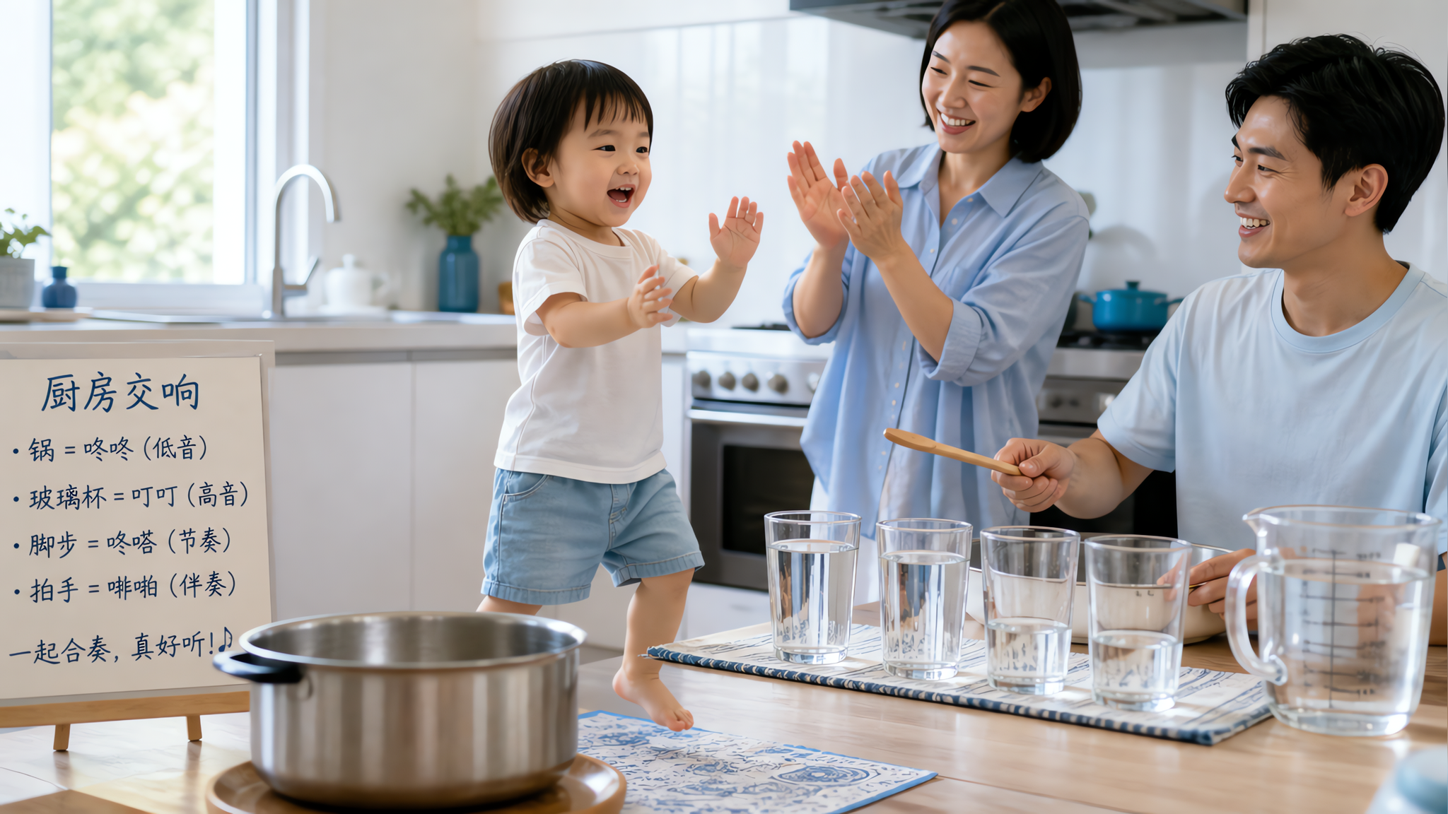 明亮清爽的夏日家庭厨房场景,中国年轻父母与中国幼儿一起做“厨房交响”音乐游戏,桌面上有不锈钢锅、木勺