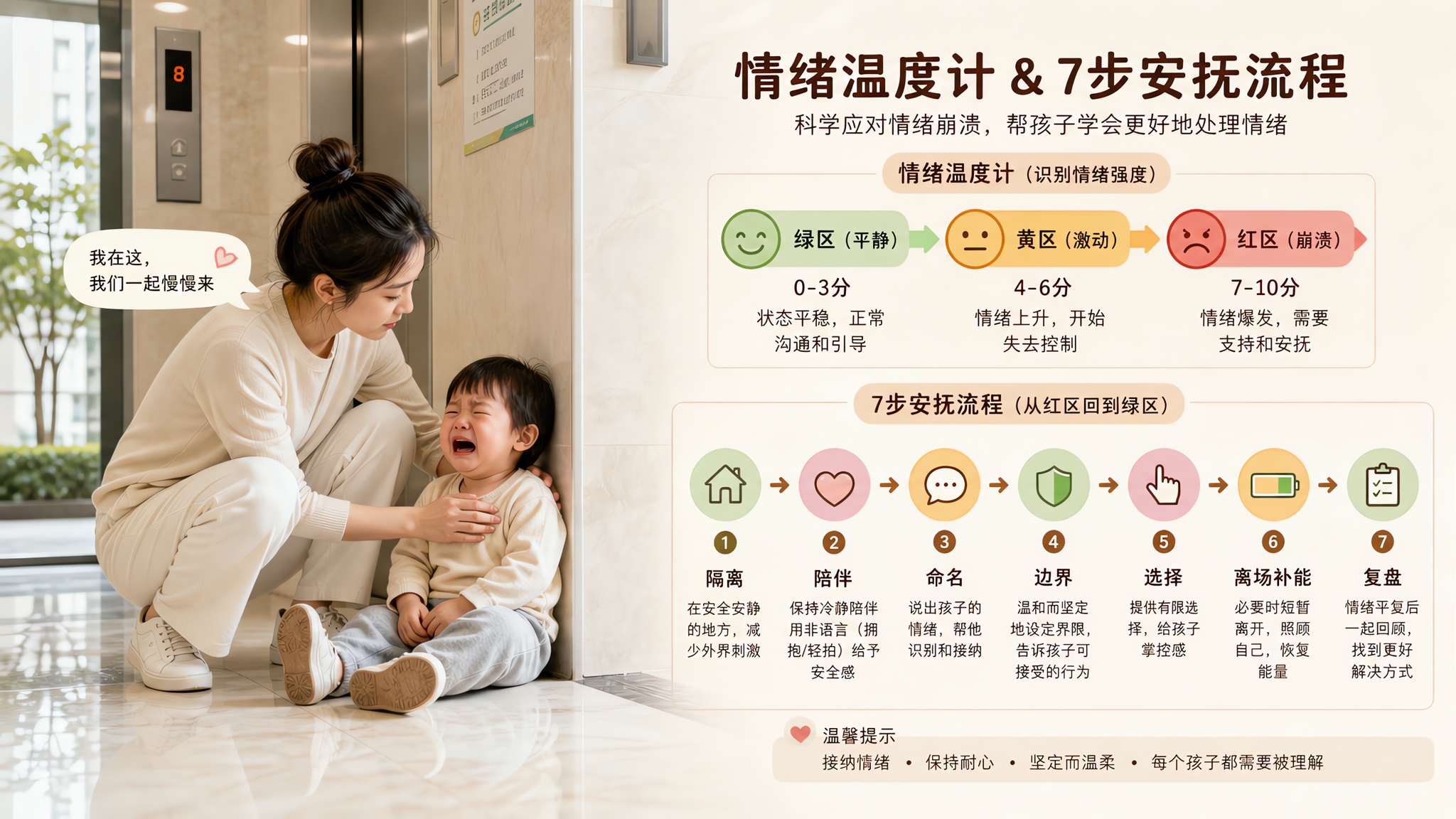 中国社区电梯口的真实生活场景,一位中国年轻妈妈在墙边半蹲陪伴一名2-3岁中国幼儿,幼儿坐在地面情绪崩