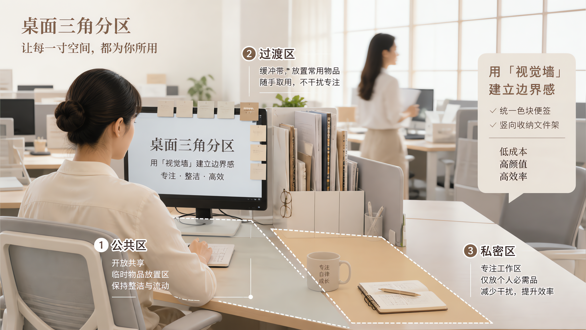 现代开放式办公室工位场景，中国职场女性坐在工位前工作，侧后方有同事经过但视线被桌面竖向文件架与屏幕边