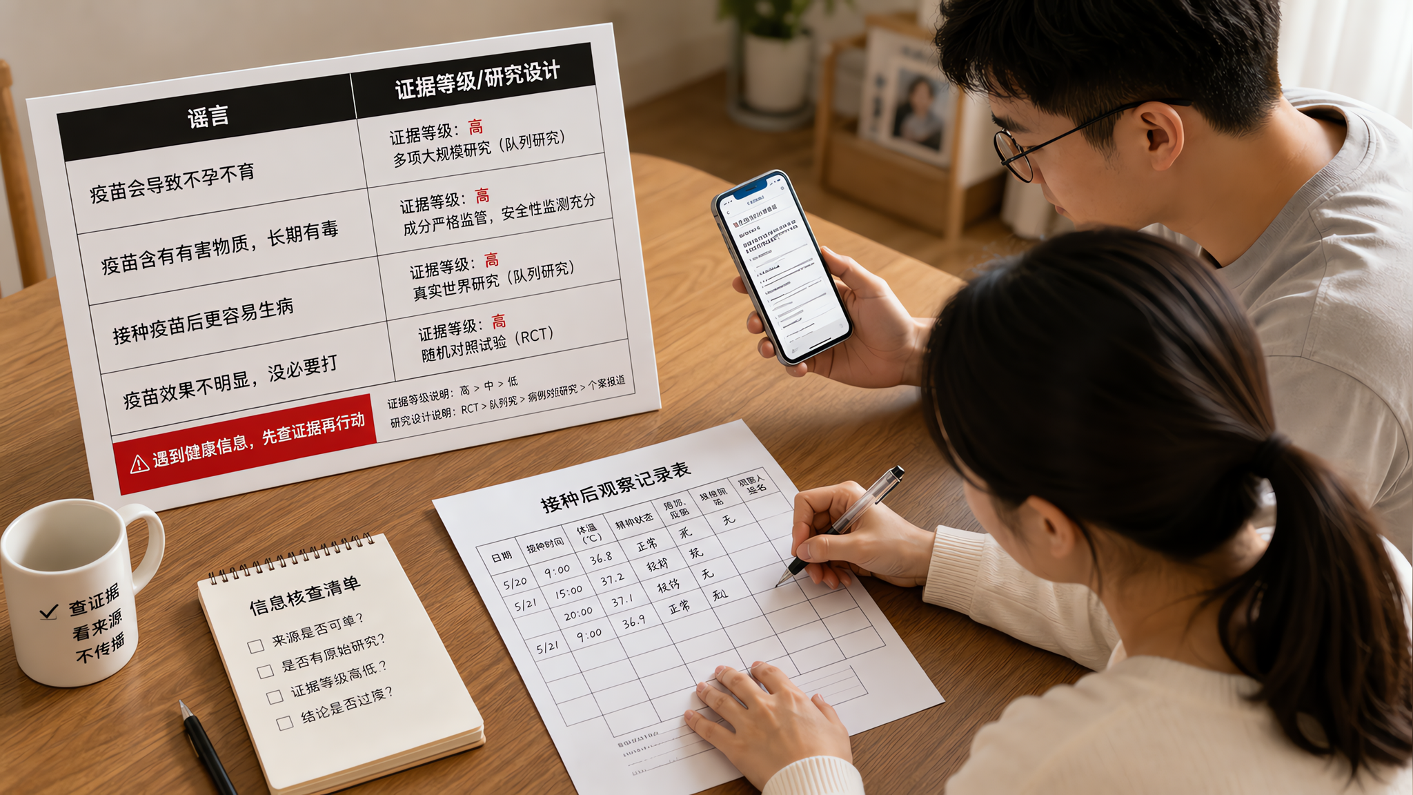 中国年轻父母在家中餐桌旁整理“证据墙”信息,一侧是打印的黑白红三色对照表(左列写“谣言”,右列写“证