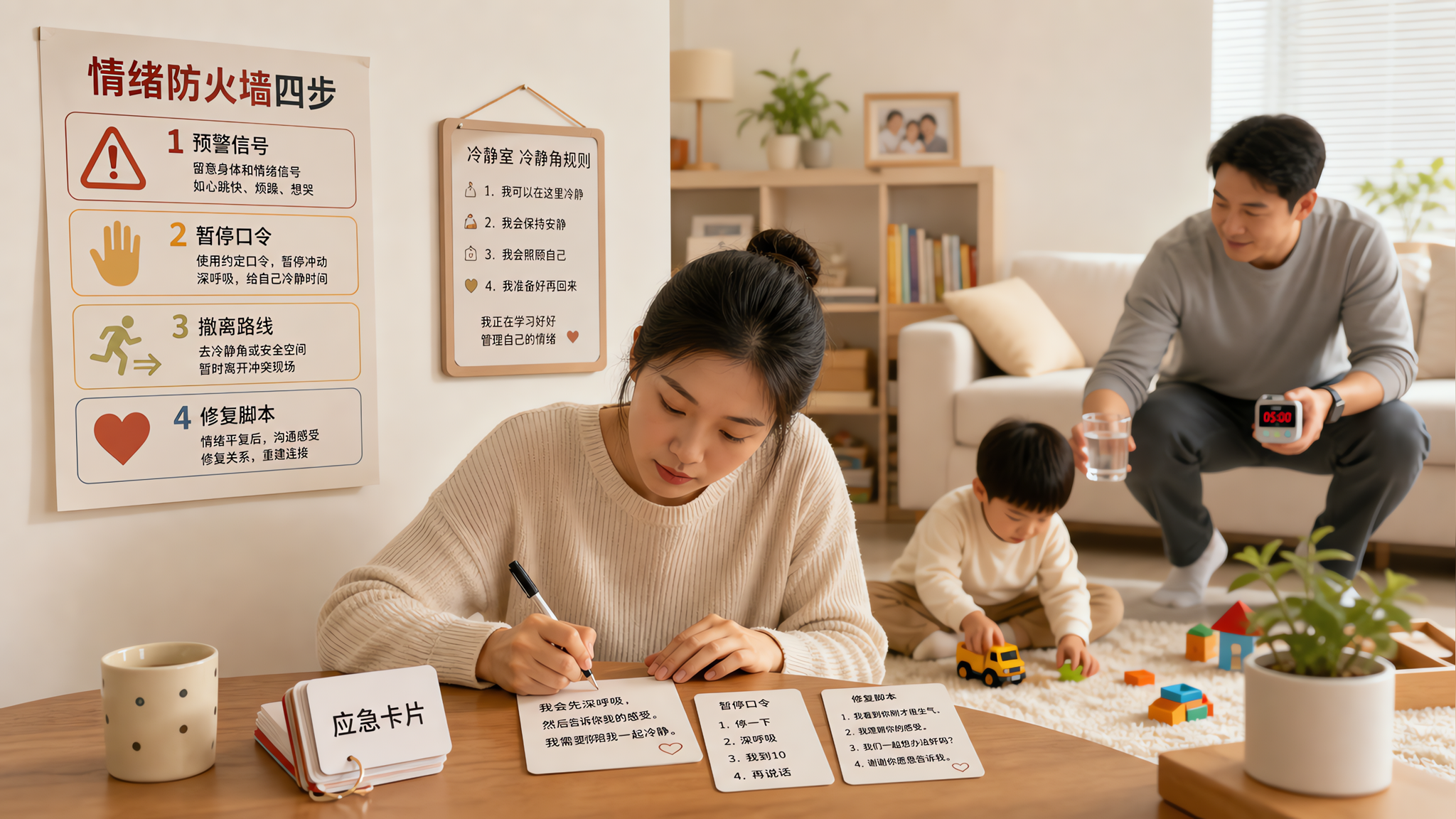 中国家庭室内场景，明亮整洁的客厅一角墙上贴着“情绪防火墙四步”流程图海报（预警信号、暂停口令、撤离路