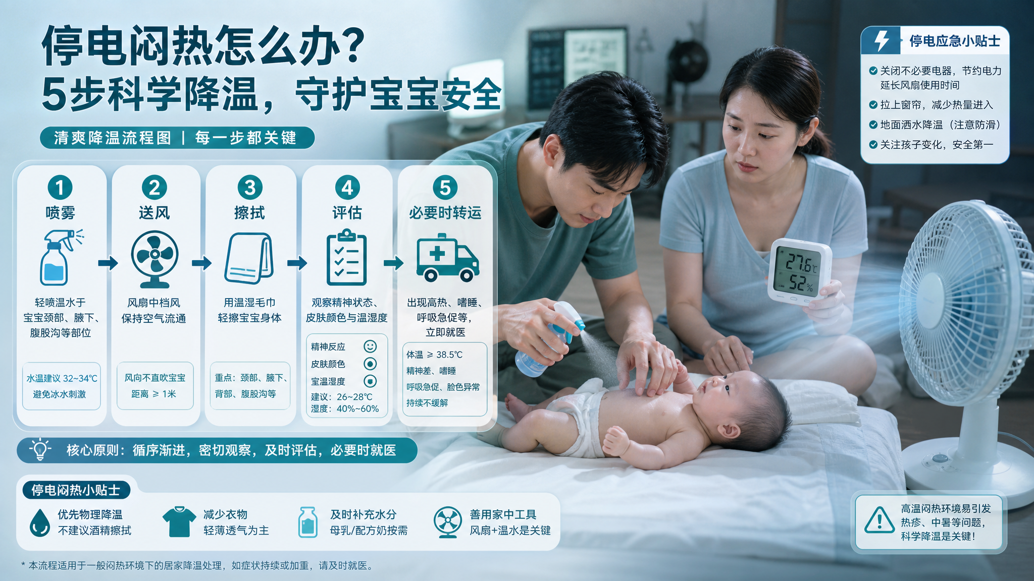 宝宝闷热高热先别捂：3步先降温再转运
