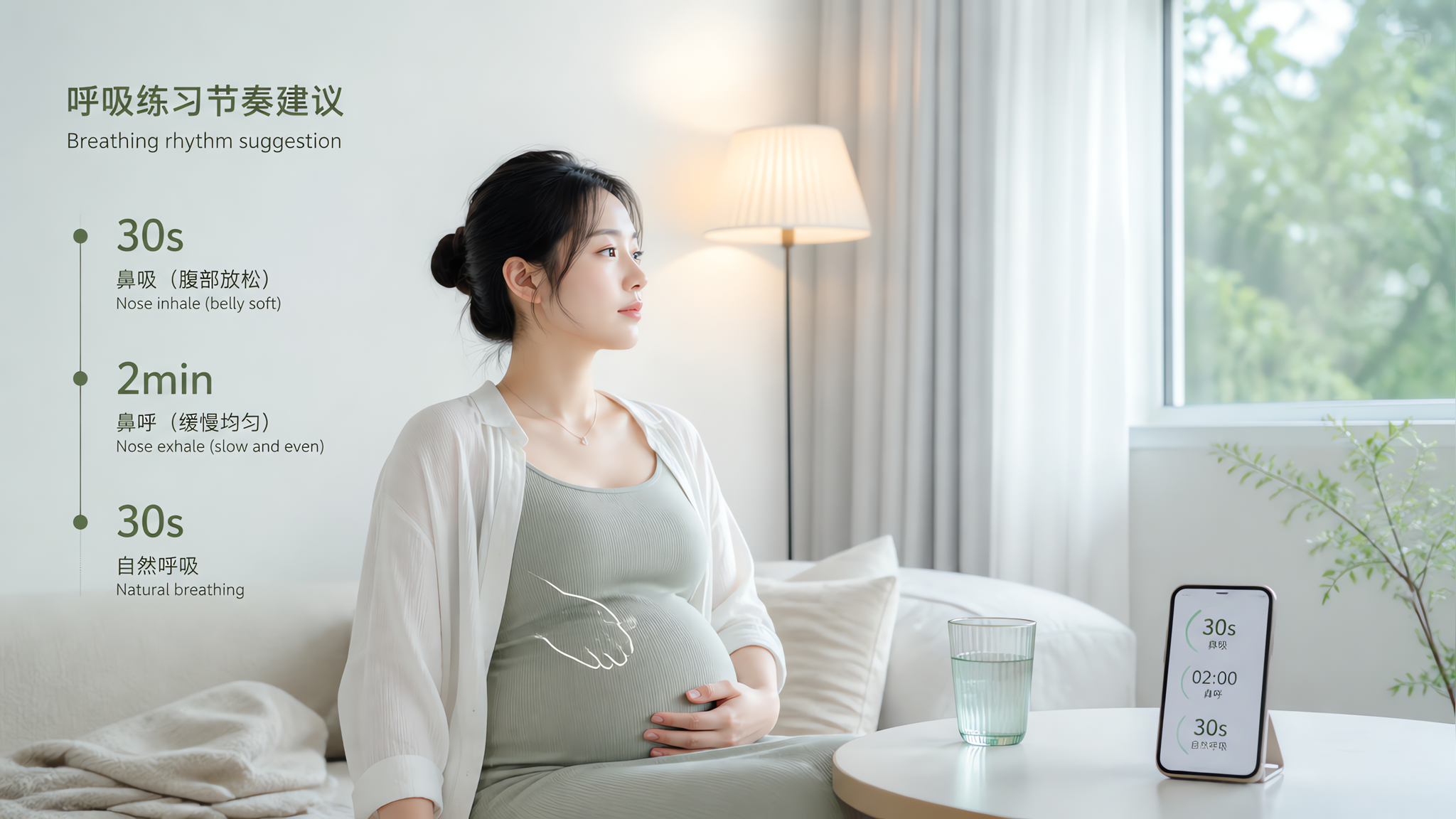 中国孕妈在夏日傍晚的卧室/客厅安静角落，坐在沙发或床边，背部放松，目光轻轻落在桌面玻璃杯杯沿或窗框固