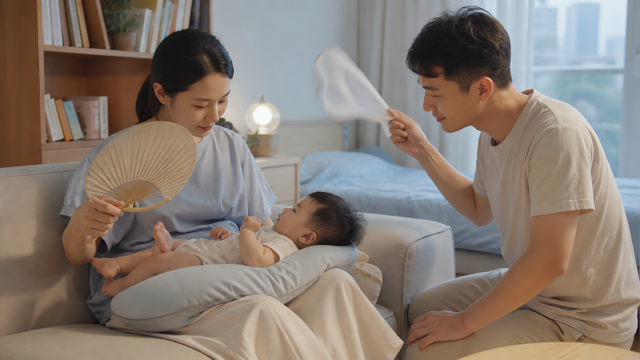 中国年轻父母在夏日傍晚的家中客厅或卧室，室内整洁清爽，妈妈坐在沙发上让中国婴幼儿半躺在腿上或靠枕上，
