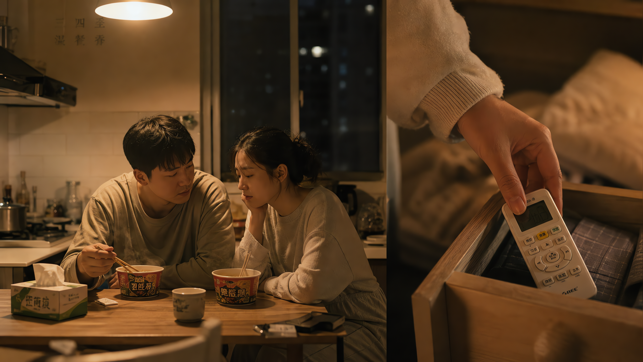 中国年轻夫妻在夜晚的家庭厨房里，暖黄色吊灯照明，桌上两只泡面碗冒着蒸汽，夫妻穿着居家服，神情疲惫但彼