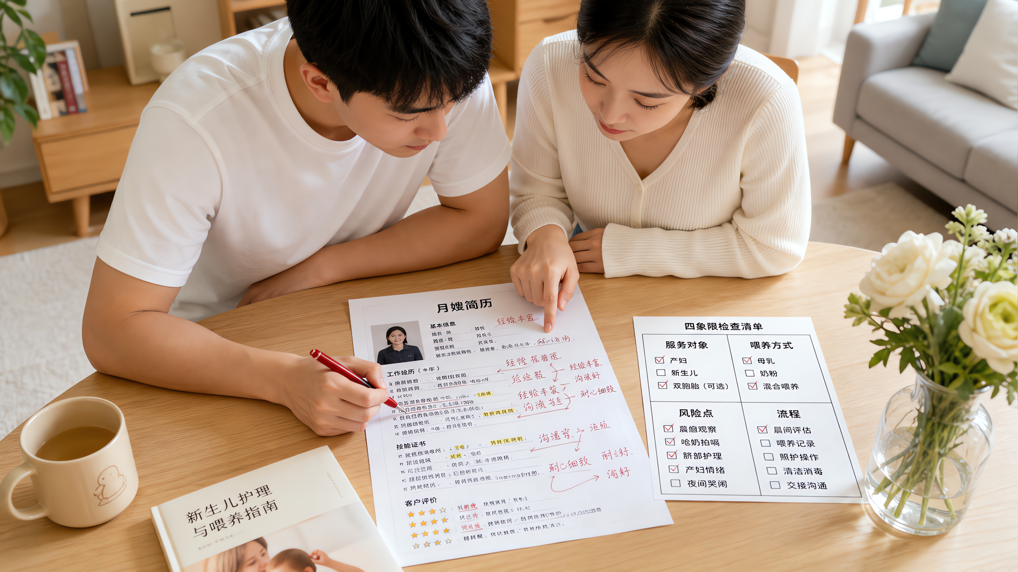 中国年轻爸爸和中国年轻妈妈坐在明亮整洁的客厅餐桌旁，桌上摊开一份“月嫂简历”纸张，纸面有红笔批注和高