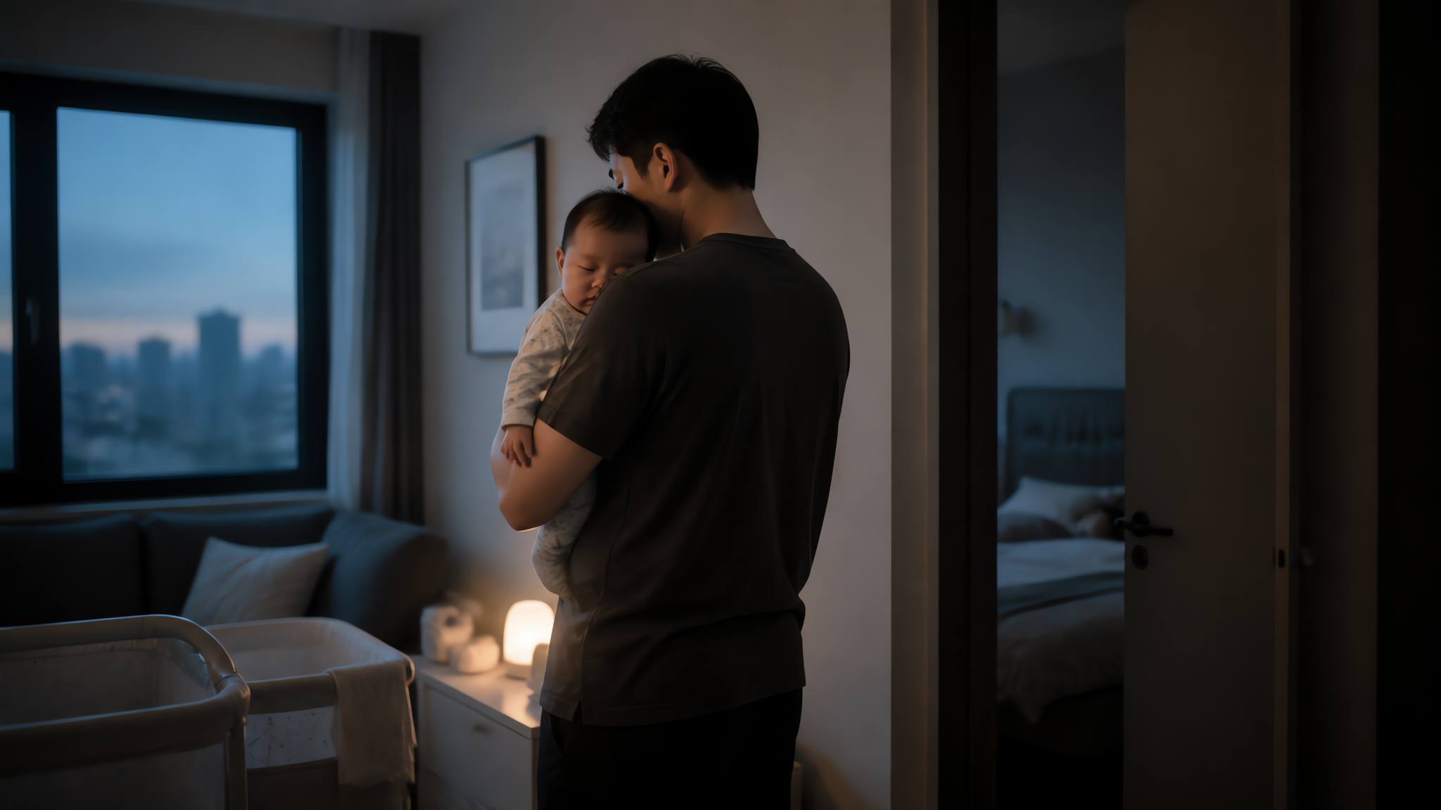 中国年轻父亲在深夜家庭客厅里抱着中国婴儿轻轻安抚,父亲背影或侧脸,动作轻柔,另一间卧室门半掩暗示妈妈