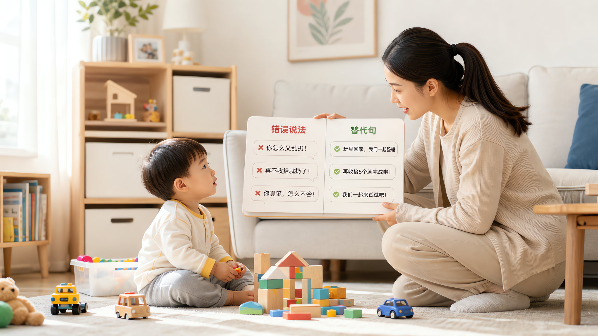 明亮整洁的中国家庭客厅场景,中国年轻妈妈蹲下与1-3岁中国幼儿平视沟通,幼儿坐在地毯旁边有散落的积木