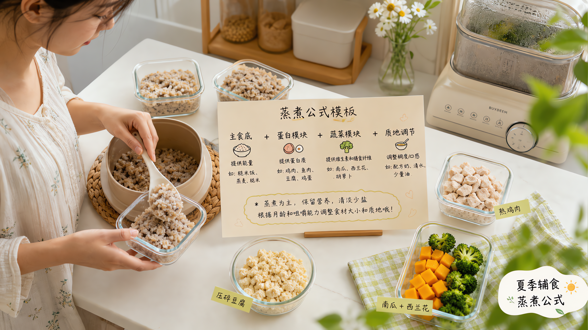 中国年轻妈妈在夏季明亮的家庭厨房台面前,穿轻薄家居服,正在把一锅蒸煮好的“主食底”分装到小玻璃盒中,