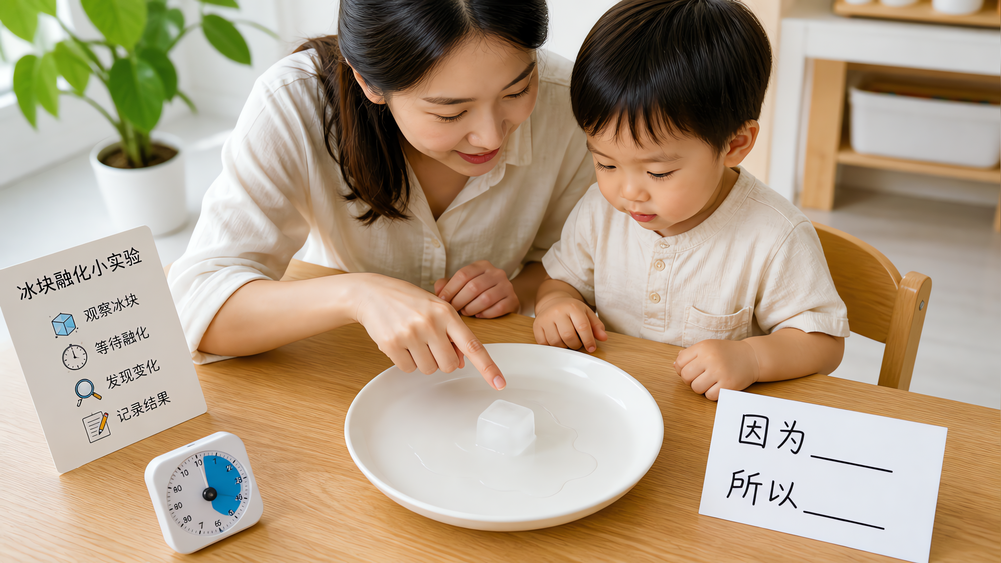 明亮整洁的中国家庭餐桌场景，中国年轻妈妈与2-3岁中国幼儿一起做“冰块融化”小实验，桌上有白色盘子和
