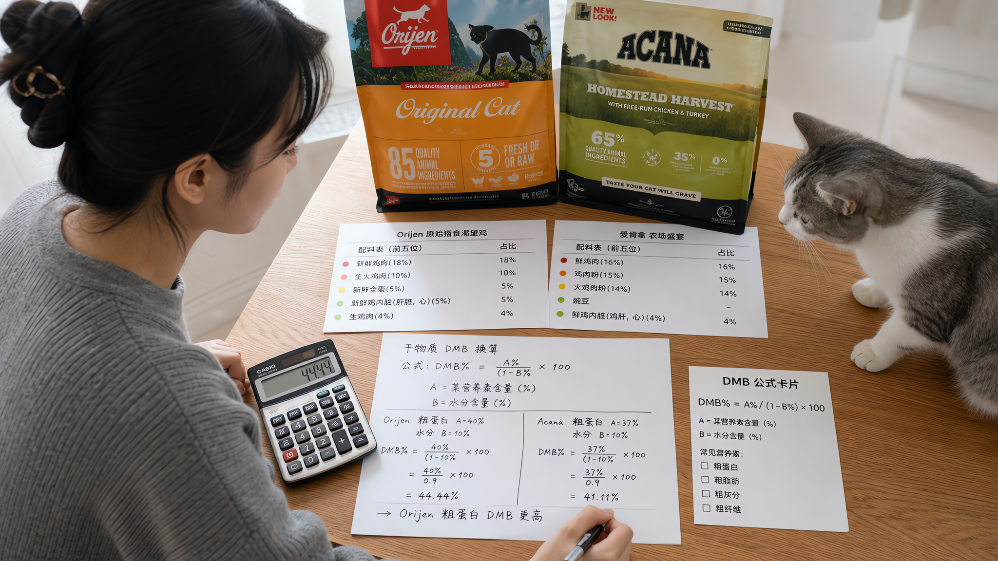 中国年轻女性在家中餐桌前对比两袋猫粮包装，手拿笔在纸上计算干物质DMB换算，桌面摆放猫粮配料表截图打