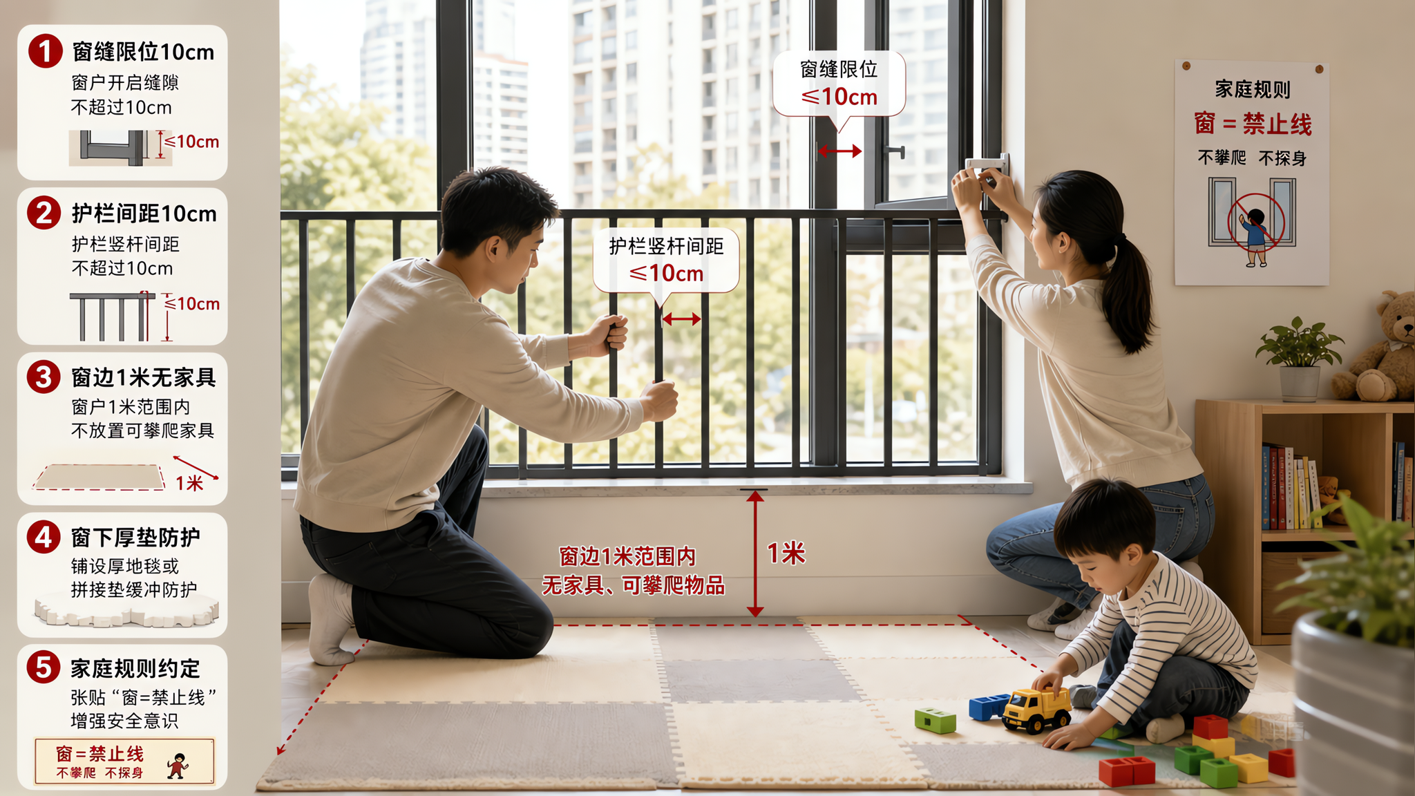 孩子爬窗台别靠吼：5重防坠清单照着做