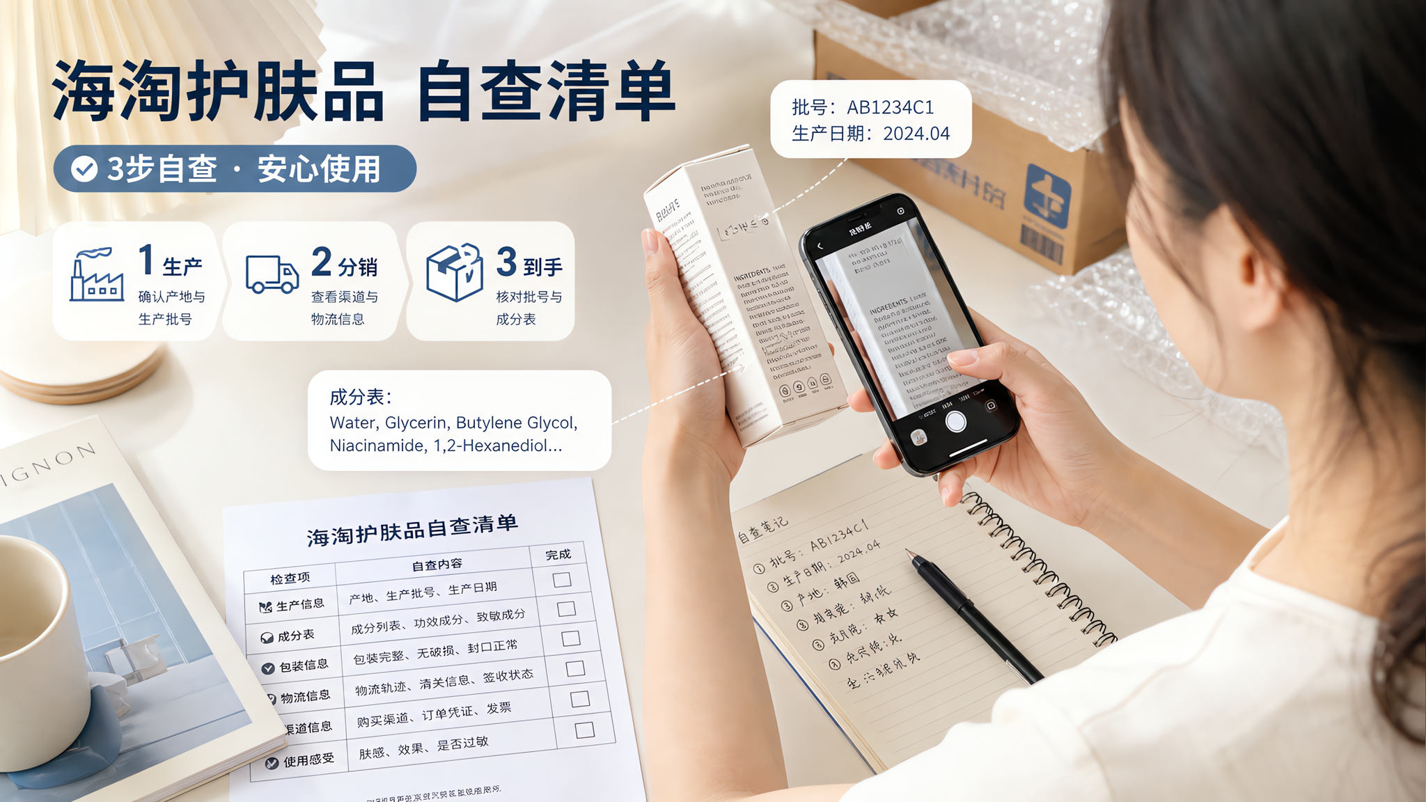 中国年轻女性在家中干净明亮的书桌前，正在检查一瓶海淘护肤品的外包装信息，用手机拍摄产品批号与成分表，