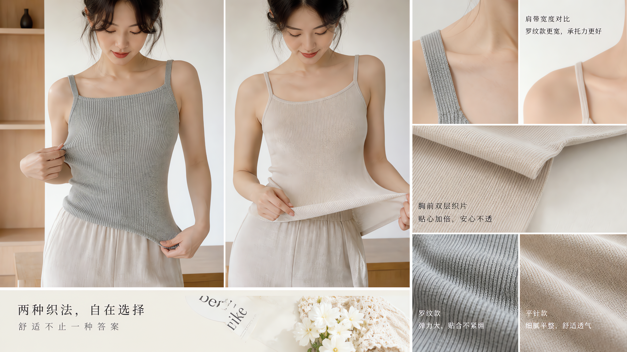 中国年轻女性在简洁明亮的室内（白墙与原木家具），上身试穿两件不同织法的针织吊带（罗纹与平针对比），一