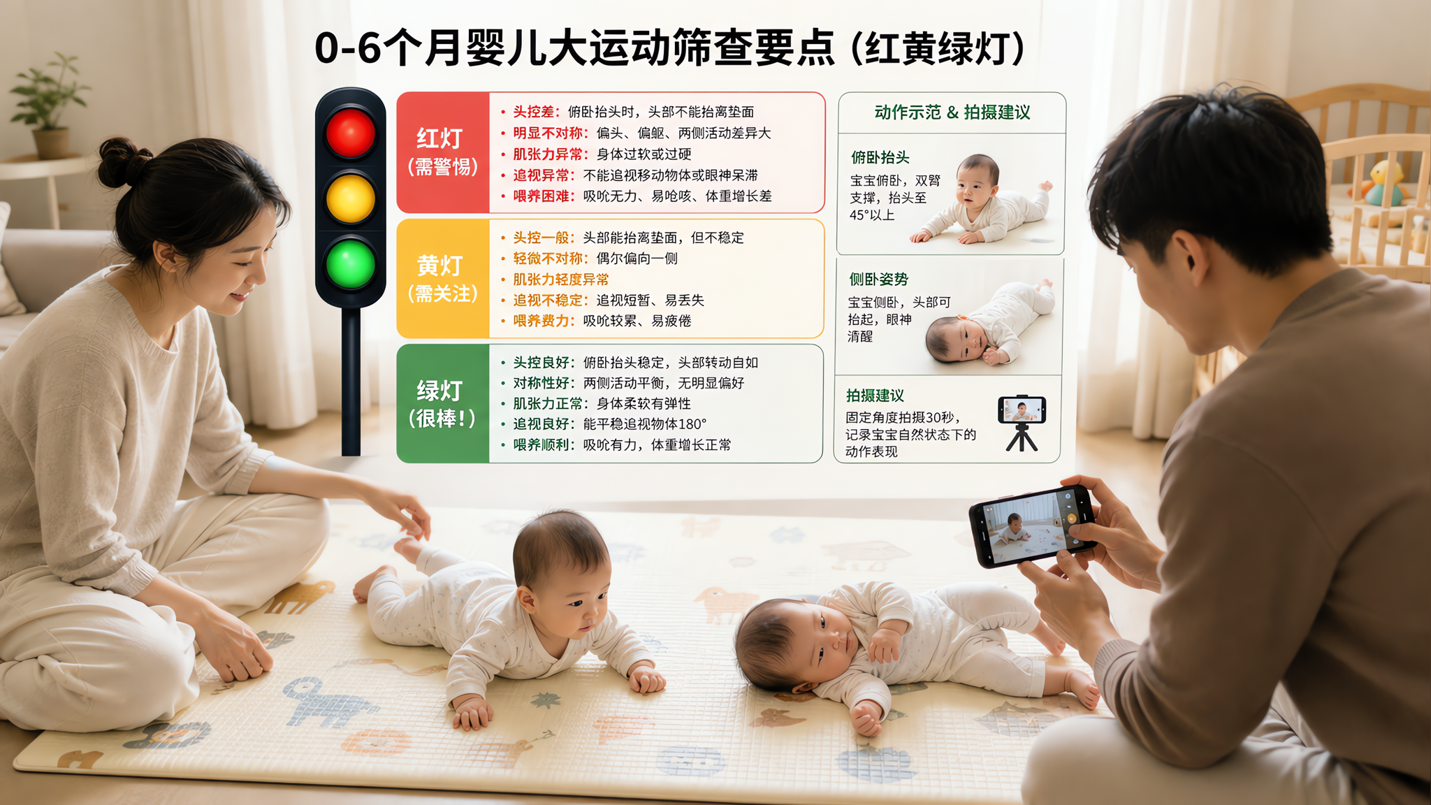 场景为中国家庭客厅的育儿角落,墙上或画面中以清晰的“红黄绿灯”信息图形式展示0-6个月婴儿大运动筛查
