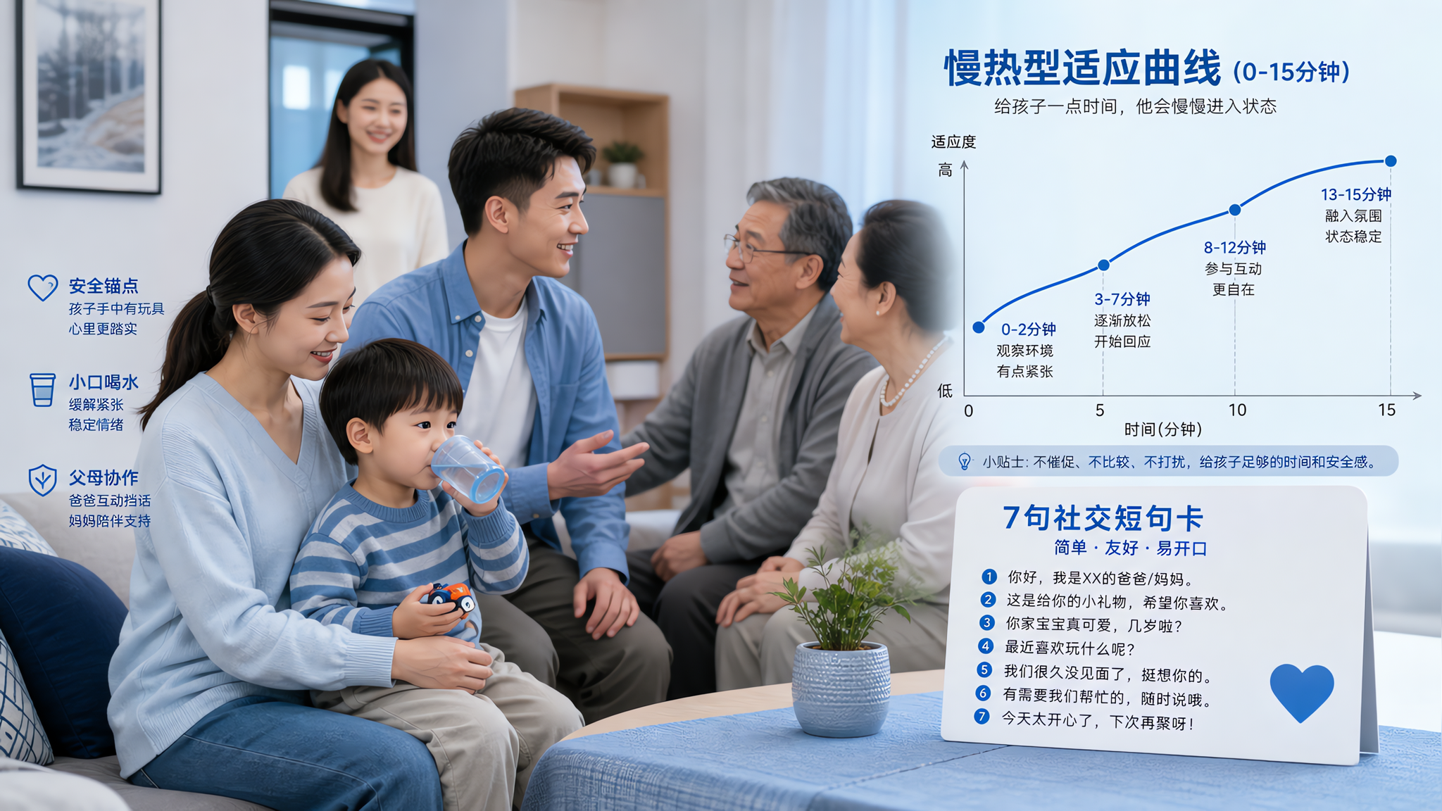 中国年轻父母带着一位3-6岁中国幼儿在亲戚家客厅聚会场景中入场，孩子先坐在妈妈腿上喝水、手里握着小玩