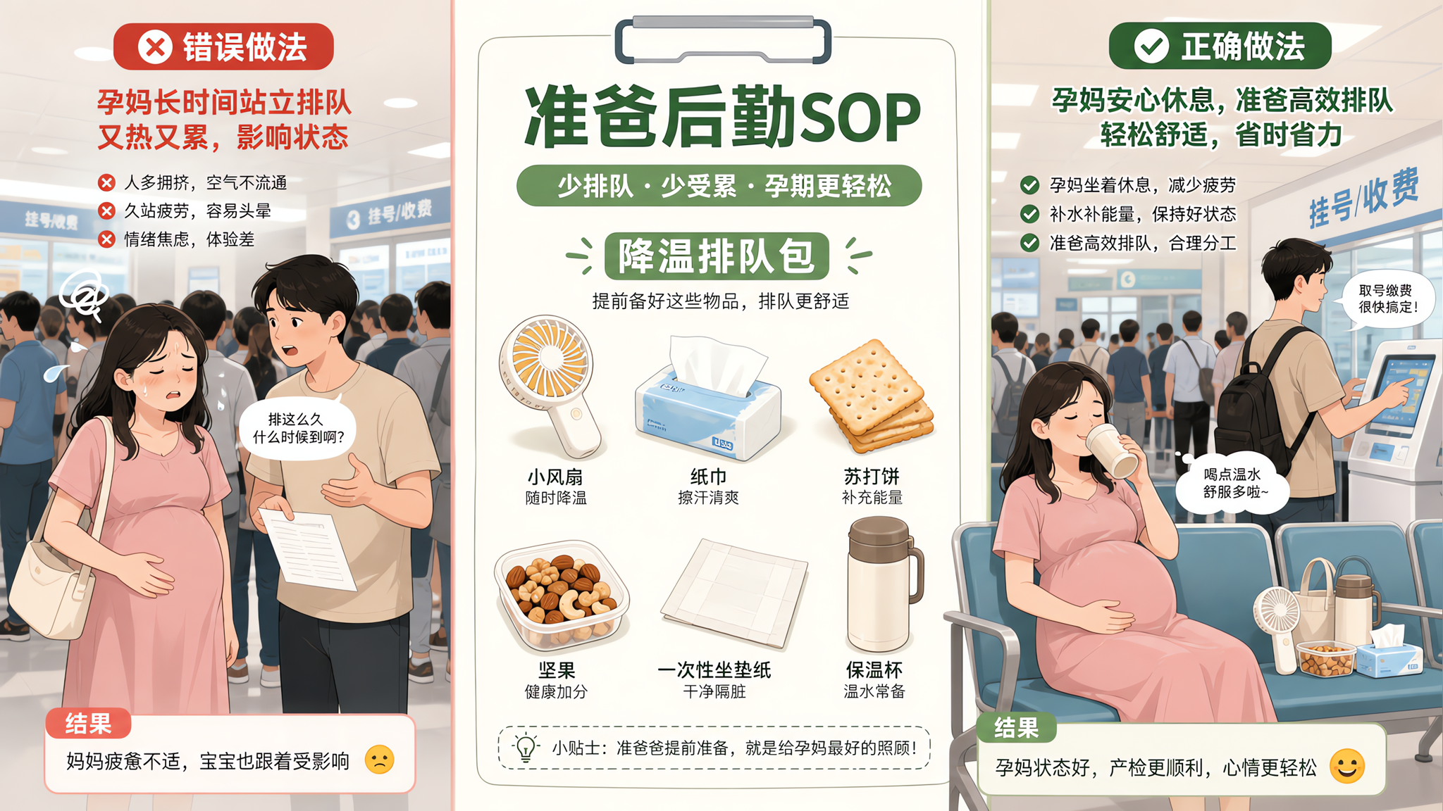 产检排队别让她硬站：准爸“降温少站”SOP