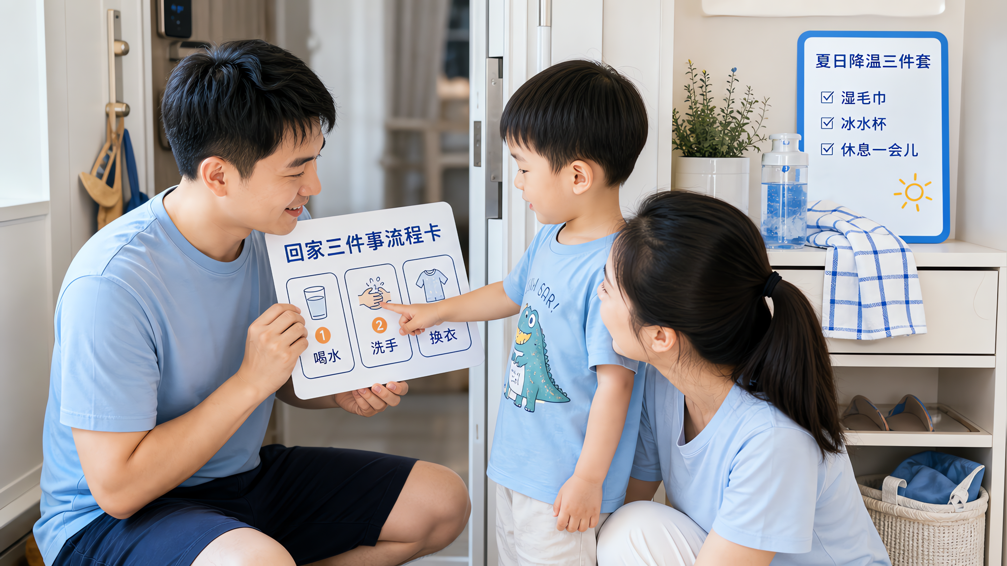 中国年轻父母与一名中国学龄前儿童（约4-5岁）在家门口玄关处，爸爸手持“回家三件事流程卡”（上面有喝