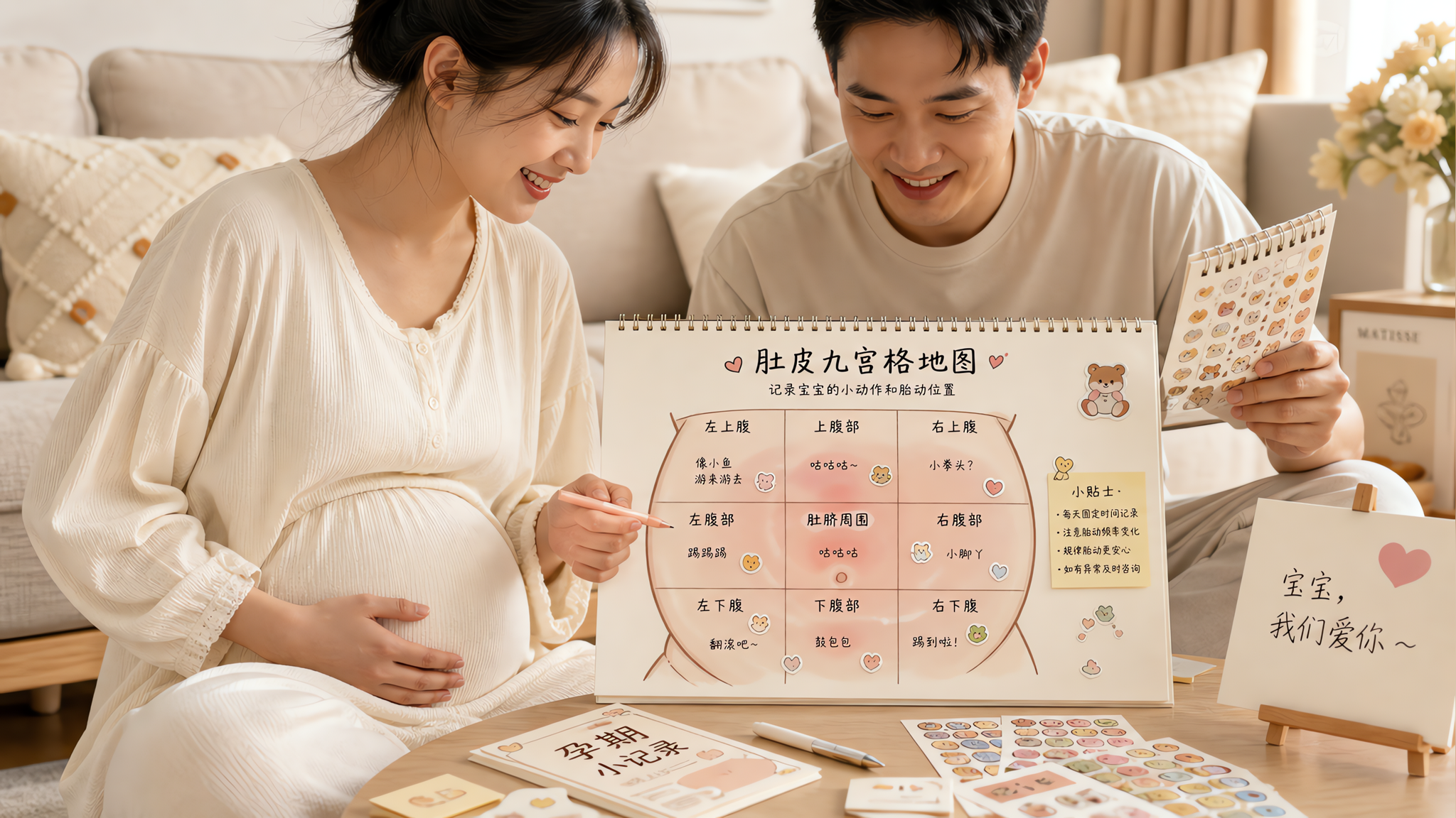 中国年轻孕妈在家中温暖明亮的客厅沙发旁,穿宽松家居服坐姿放松,准爸爸在一旁拿着手账本和贴纸,与孕妈一