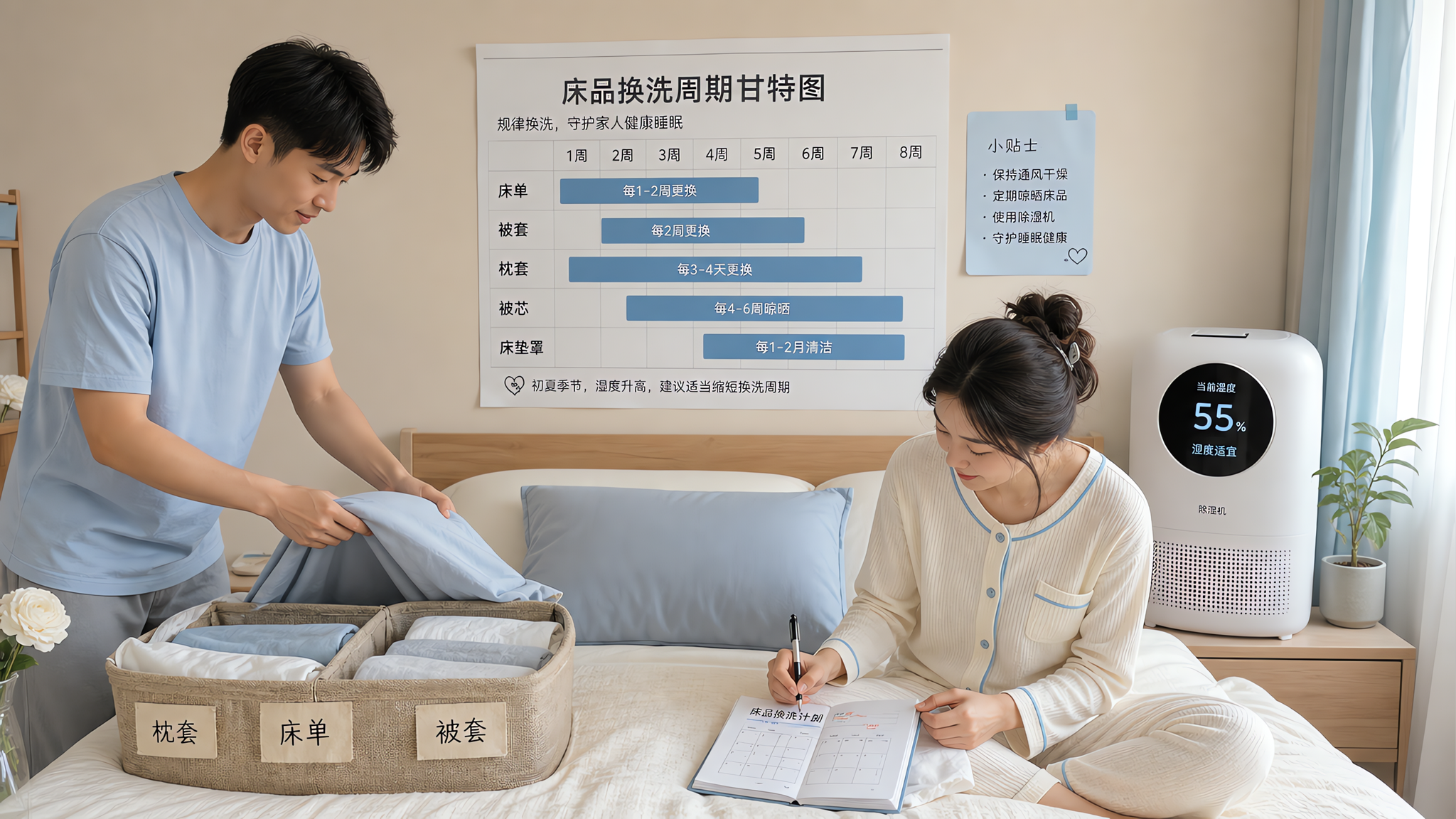 6月月子房床品换洗表：湿度55%+60℃清洗更安心