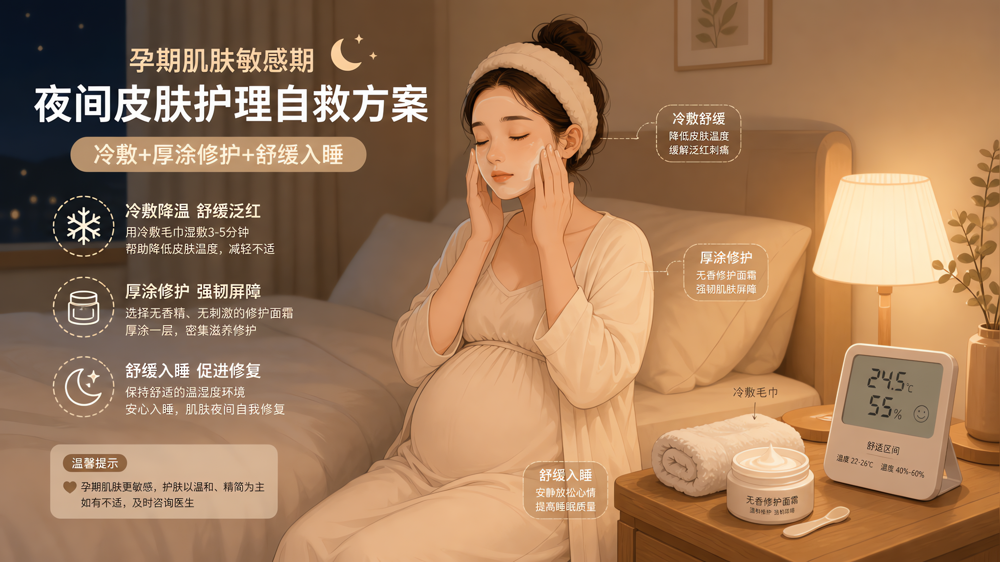 低饱和暖色插画风格，夜晚卧室场景，中国孕妇坐在床边进行夜间皮肤护理自救，人物表情温柔但略疲惫，手边放