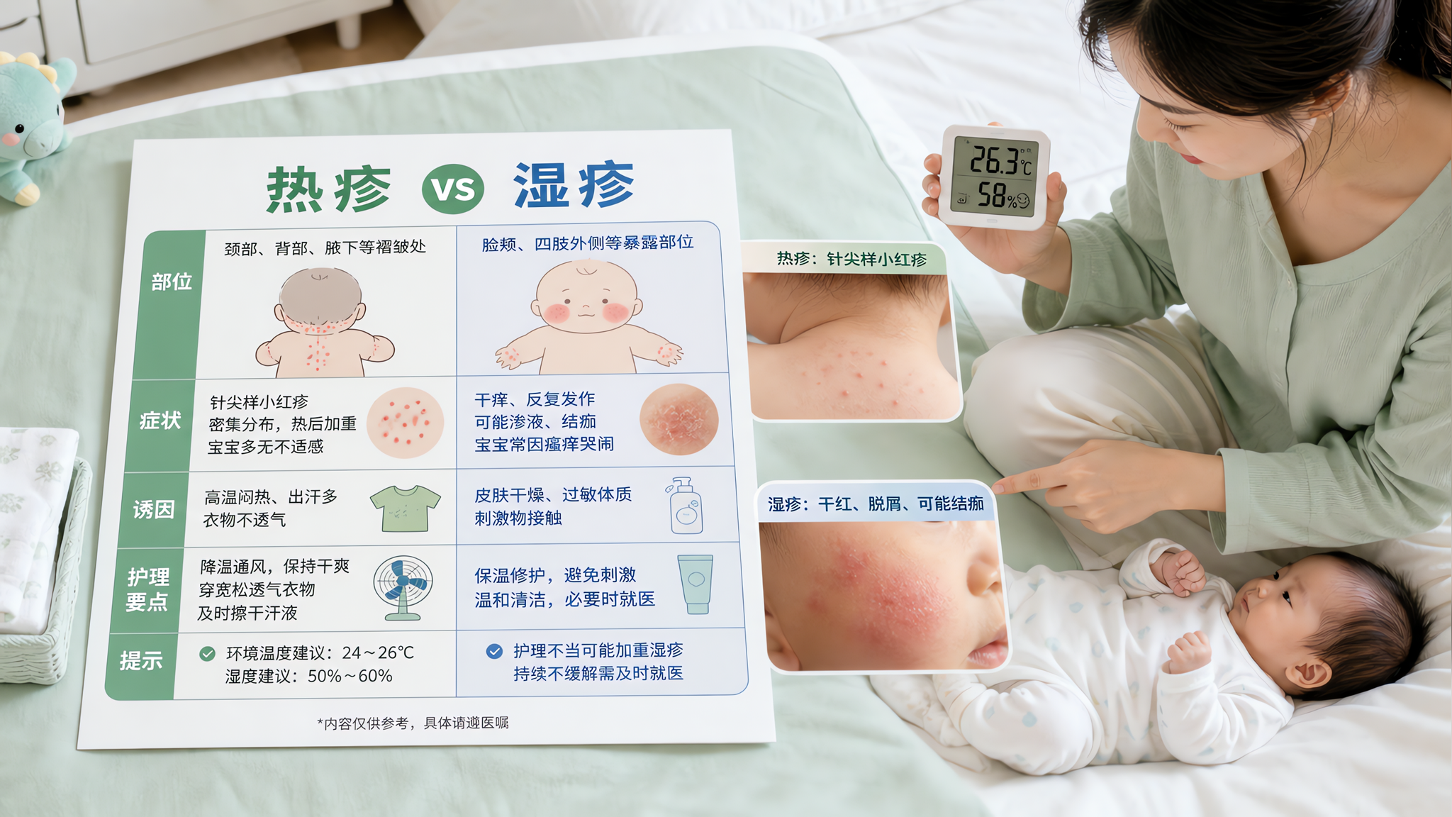 场景为明亮整洁的家庭卧室/育儿房,中国年轻妈妈坐在床边,旁边躺着1-3月龄中国婴儿,妈妈一手拿温湿度