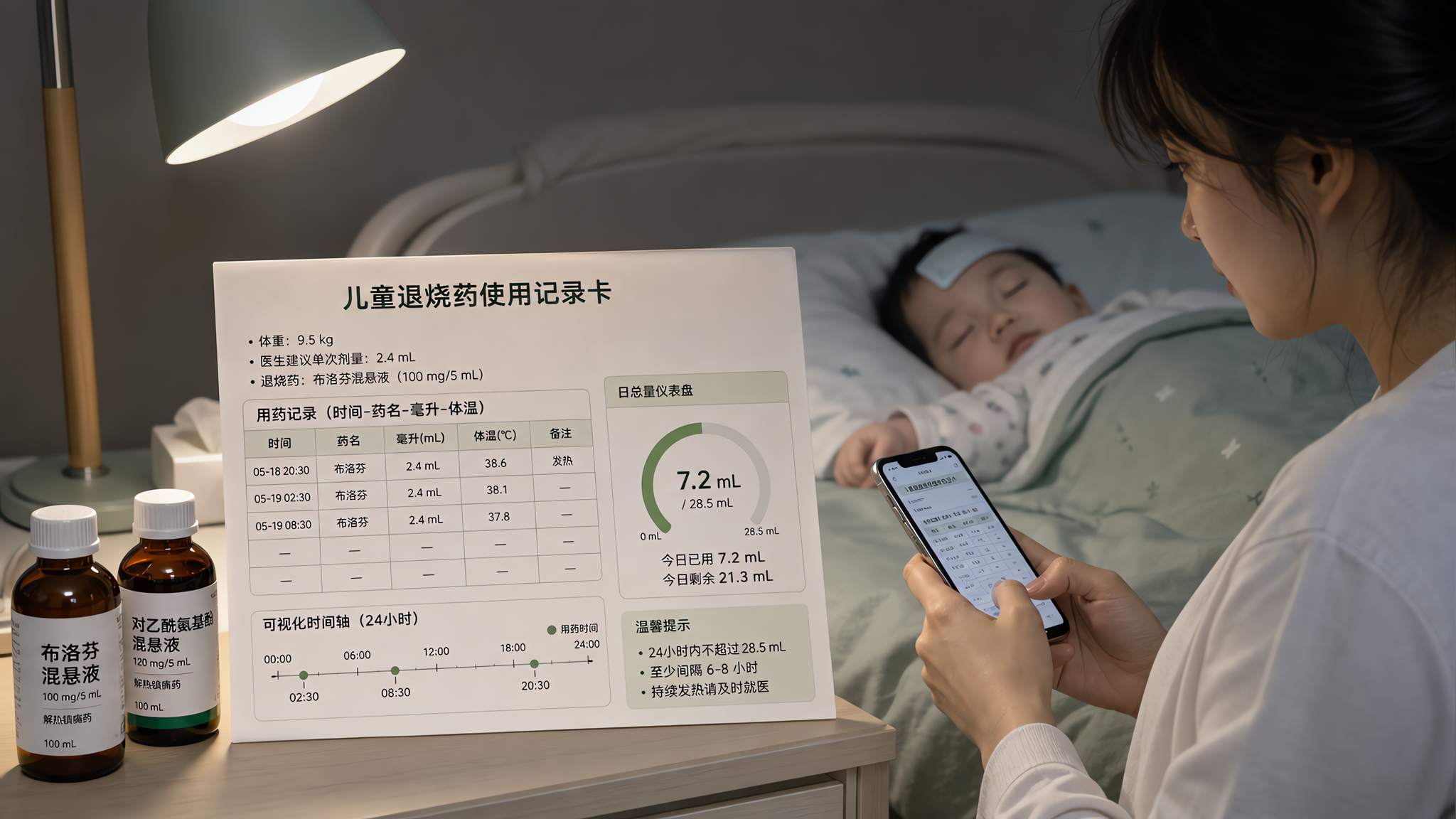 中国年轻妈妈在卧室夜间场景中照看发热的中国婴儿,妈妈坐在床边用手机记录“时间-药名-毫升-体温”的用