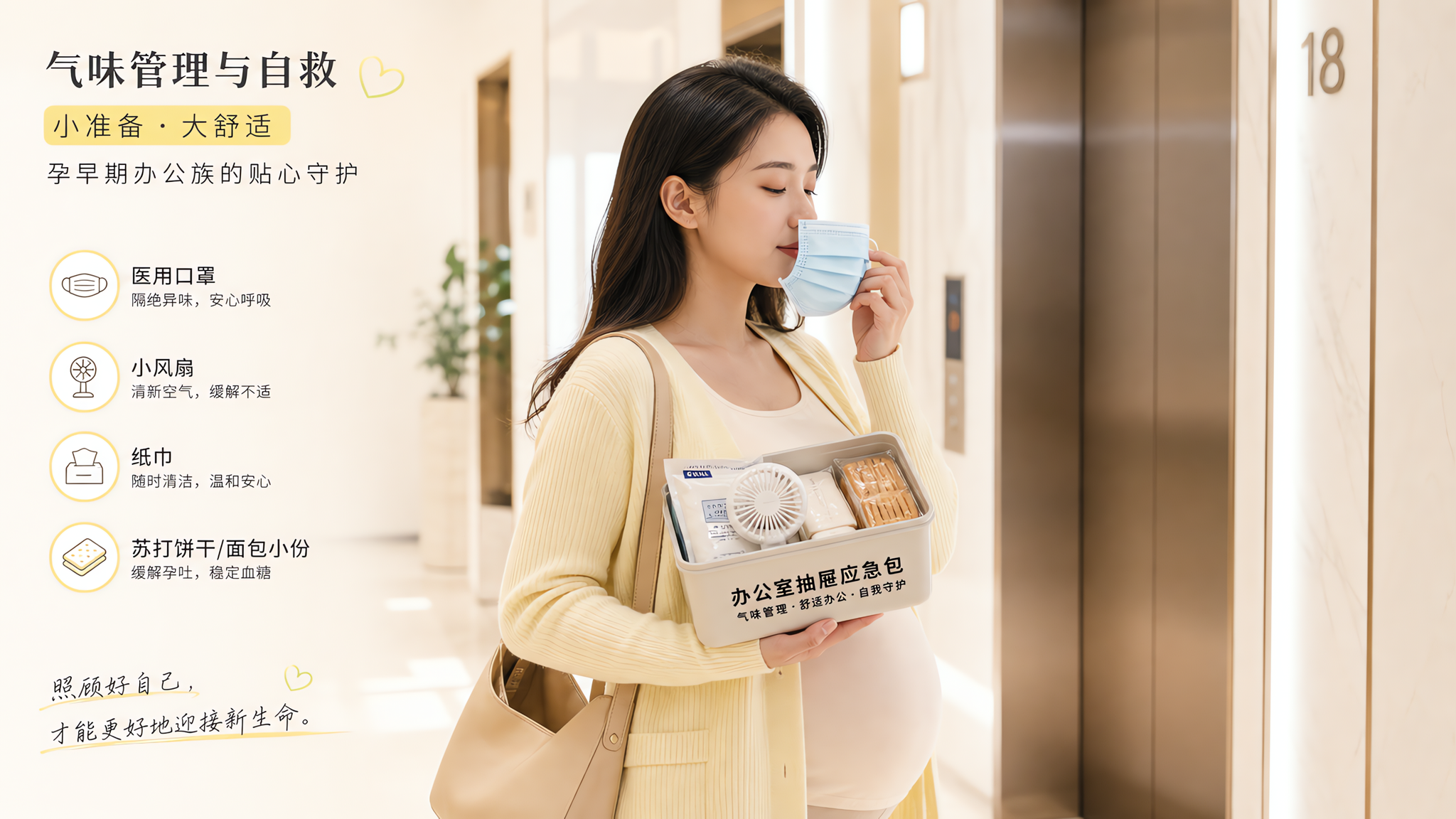 中国年轻孕早期女性上班场景，站在写字楼电梯口，手里拿着一个简洁的“办公室抽屉应急包”（医用口罩、小风