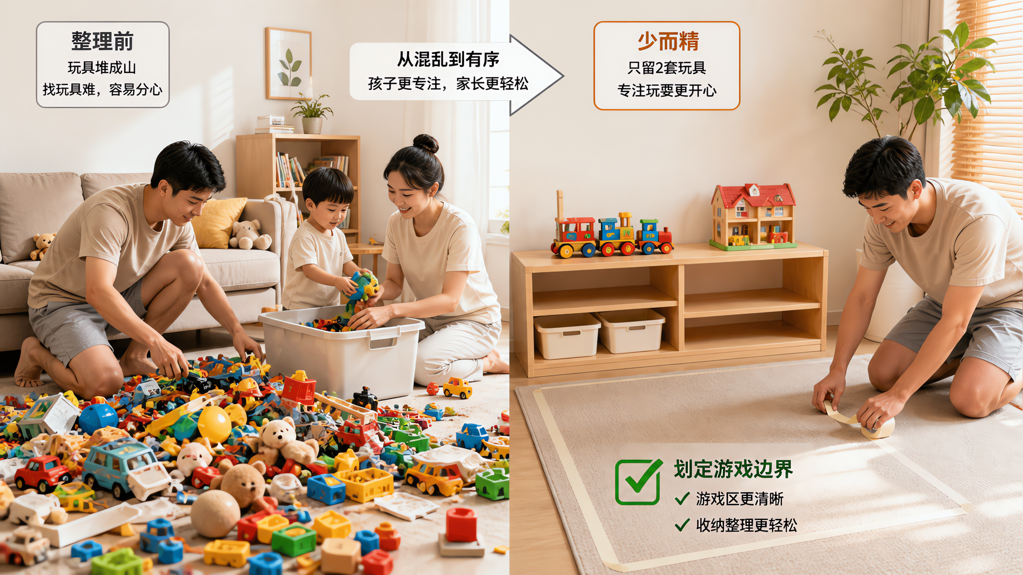中国年轻父母与一名中国幼儿在夏日明亮的家庭客厅里整理玩具，画面分区呈现“整理前玩具堆成山”和“整理后