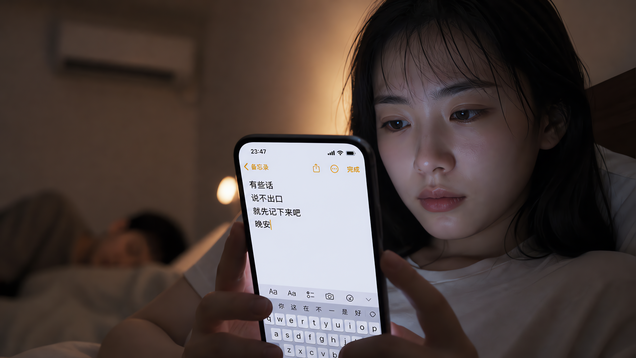 深夜卧室床边微光场景，中国年轻女性半躺在床上，发梢微微汗湿，手里拿着手机在备忘录里输入文字，屏幕界面