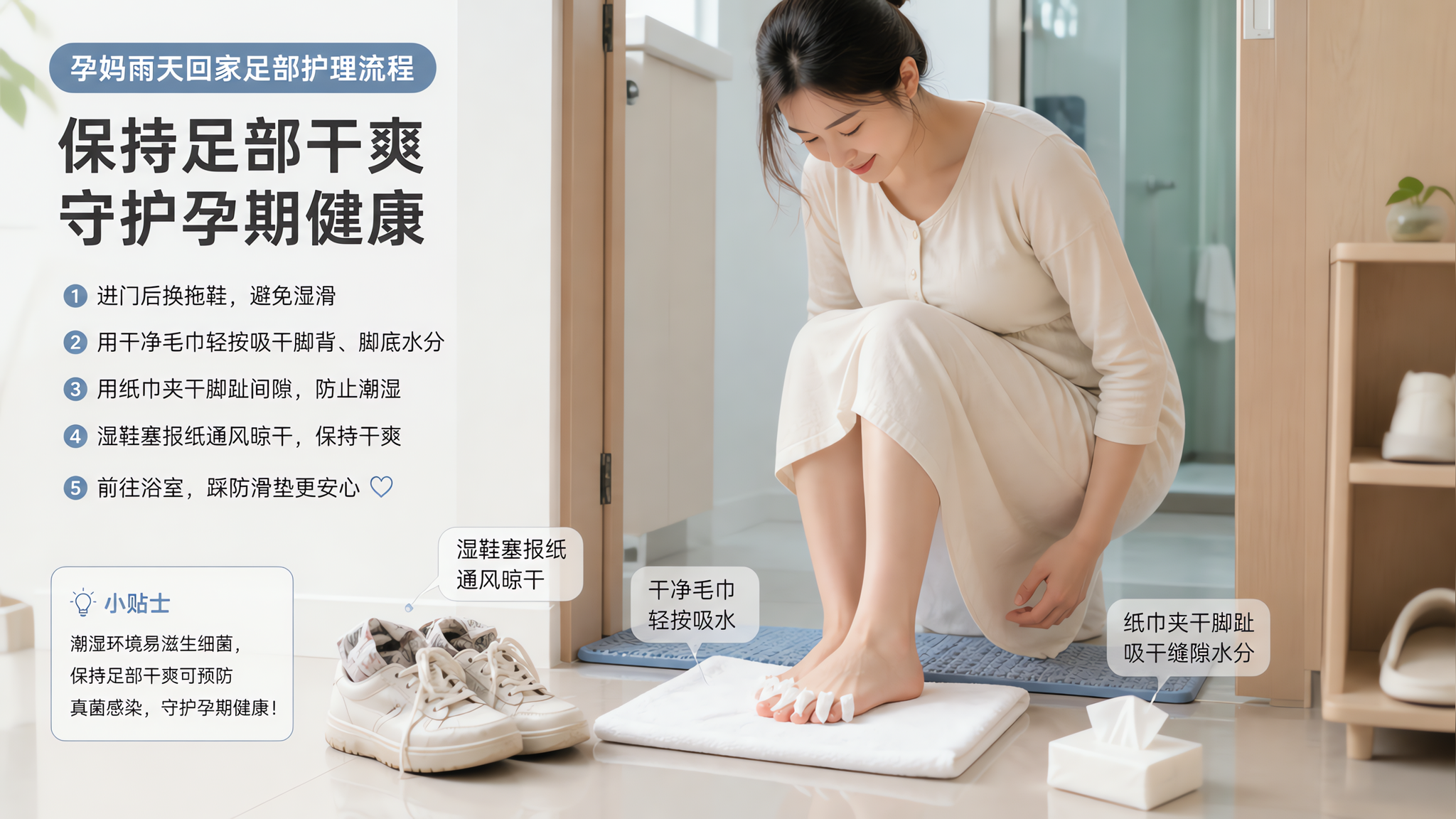 中国孕妇在家中玄关处进行雨天回家足部干燥流程的生活方式场景，人物为中国年轻孕妈，穿着居家服，动作自然