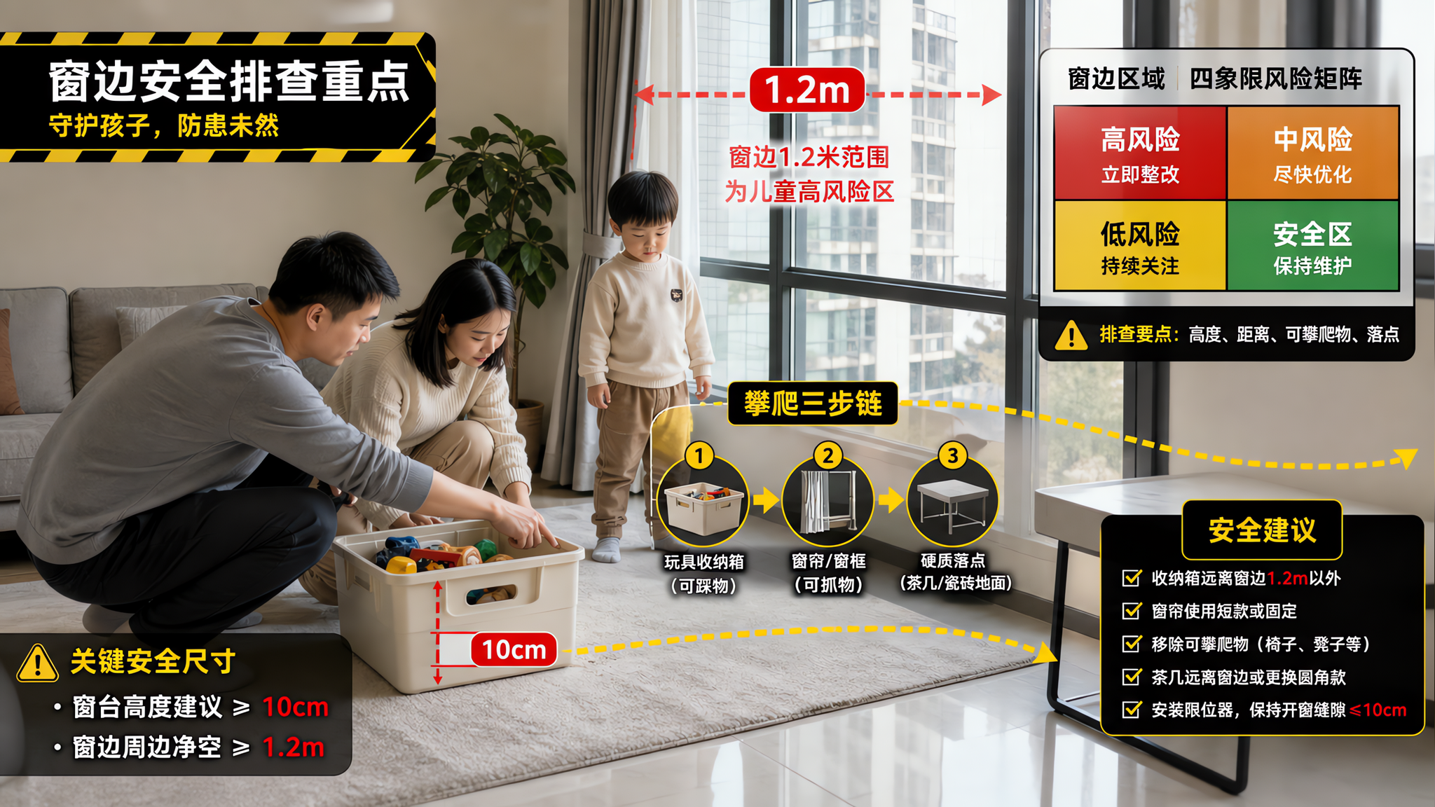 中国家庭客厅与窗边一角的场景，中国年轻父母（爸爸妈妈）蹲在地上一起做安全排查，旁边有一名3-6岁中国